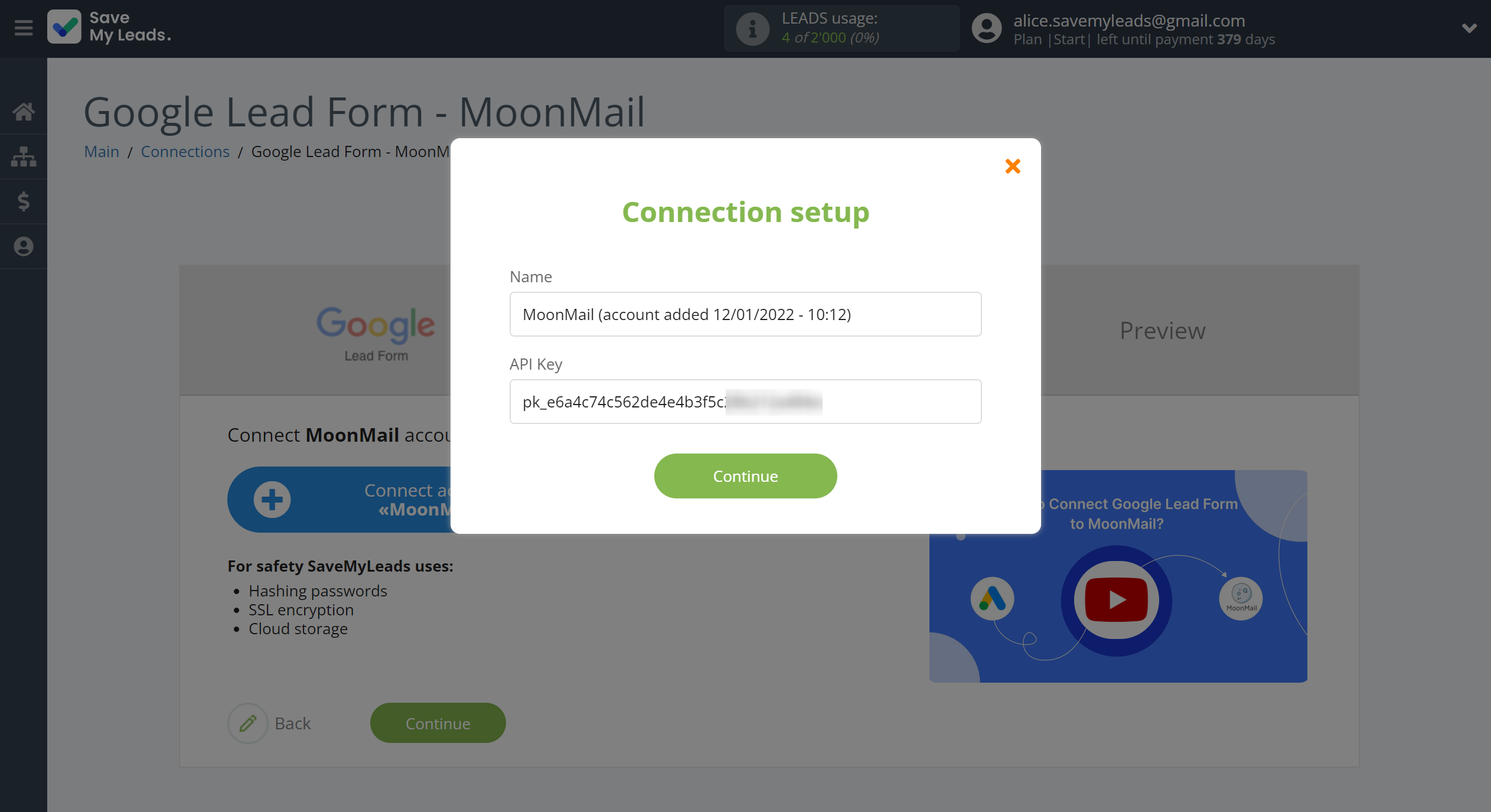 How to Connect Google Lead Form with MoonMail | Data Destination account connection