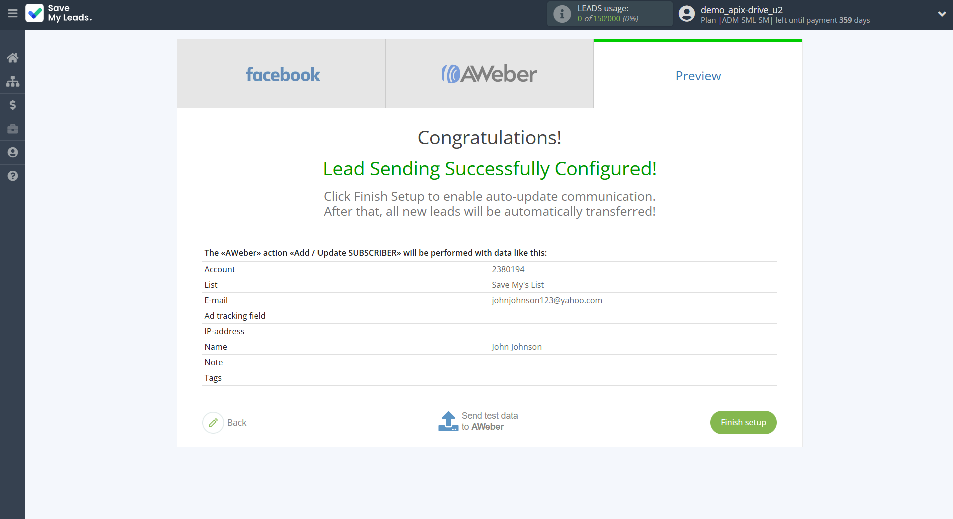 How to Connect Facebook with AWeber | Test data