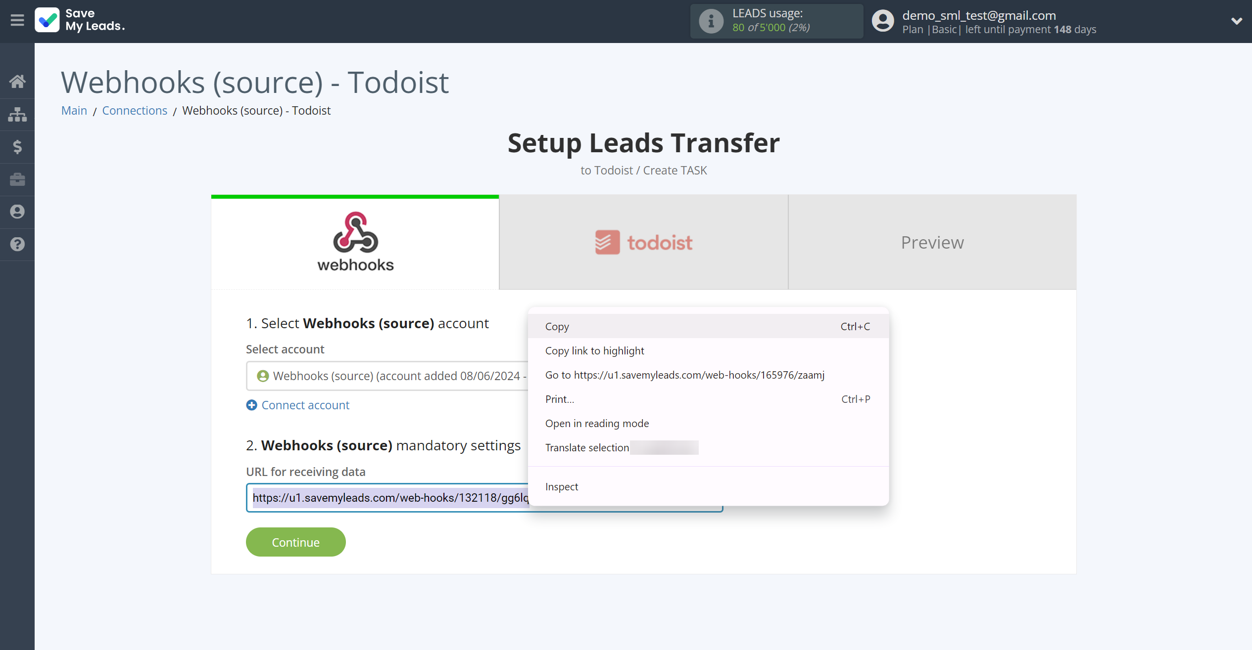 How to Connect Webhooks with Todoist | Data Source account connection