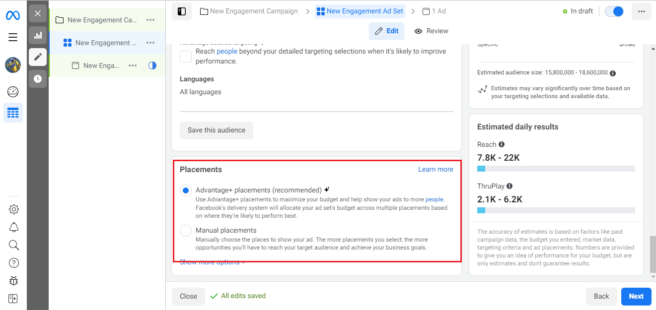 An advertising campaign in Ads Manager | Placements An advertising campaign in Ads Manager | Placements