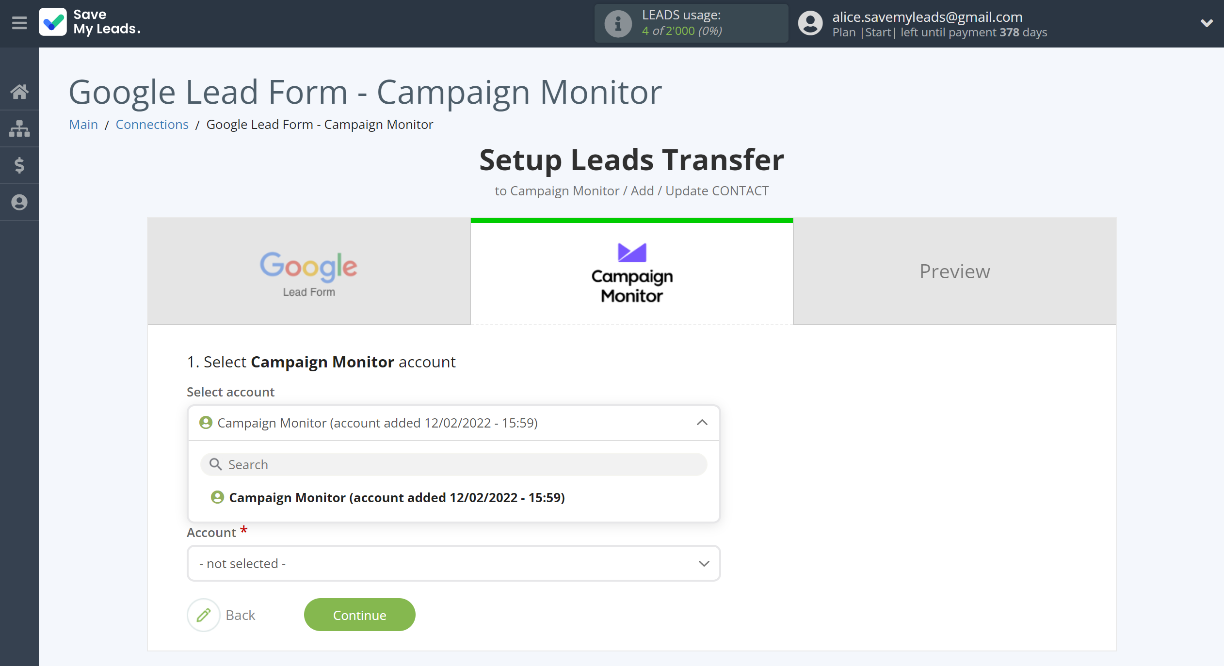 How to Connect Google Lead Form with Campaign Monitor | Data Destination account selection