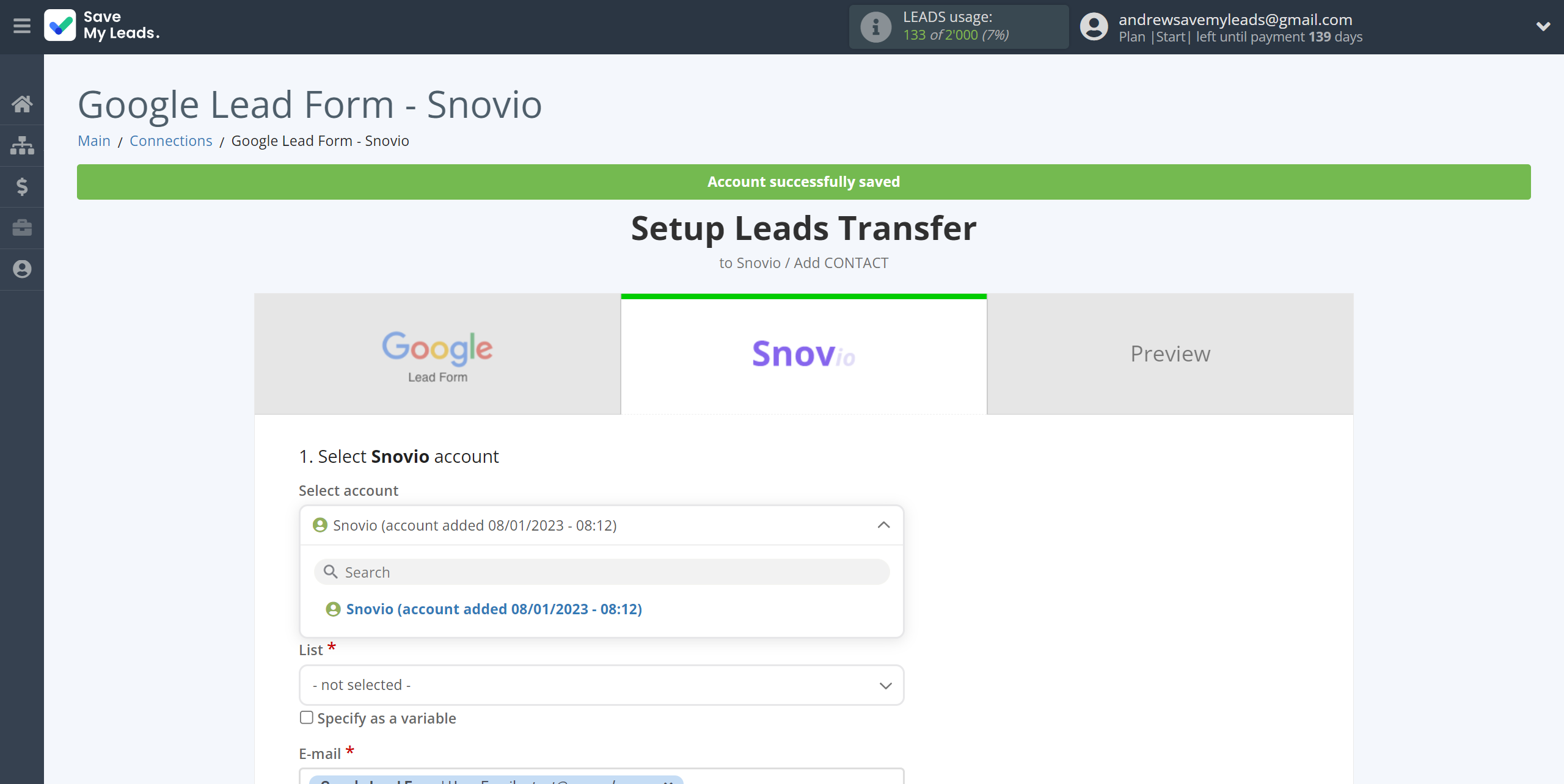 How to Connect Google Lead Form with Snovio Add Contacts | Data Destination account selection