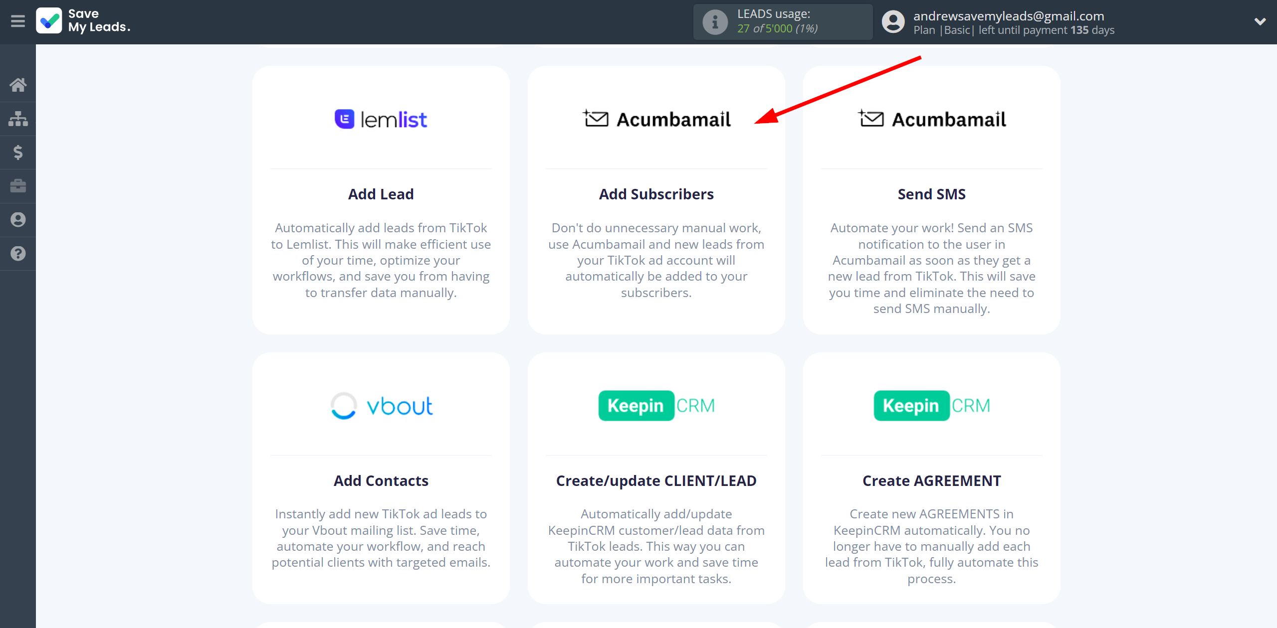 How to Connect TikTok with Acumbamail Add Subscribers | Data Destination system selection