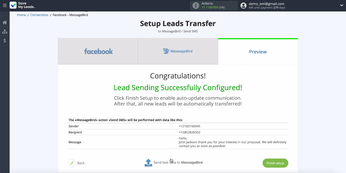 How to get MessageBird Notifications for Every New Facebook Lead | Sample data