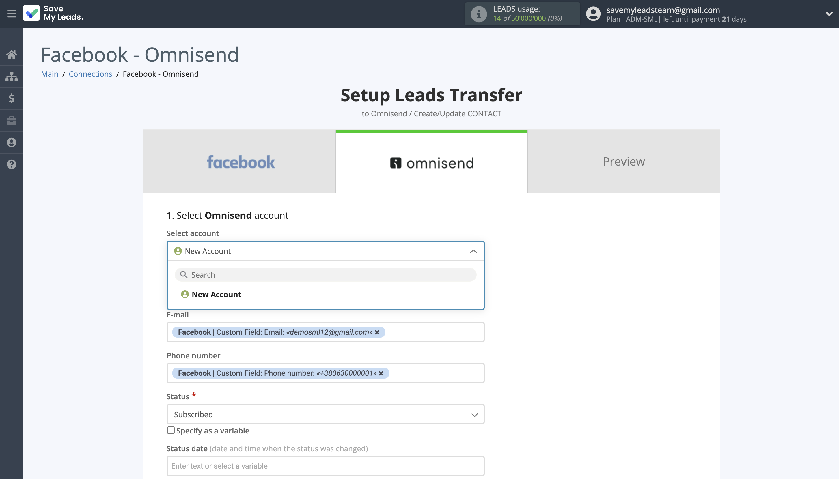 How to Connect Facebook with Omnisend Create Contact | Data Destination account selection How to Connect Facebook with Omnisend Create Contact | Data Destination account selection