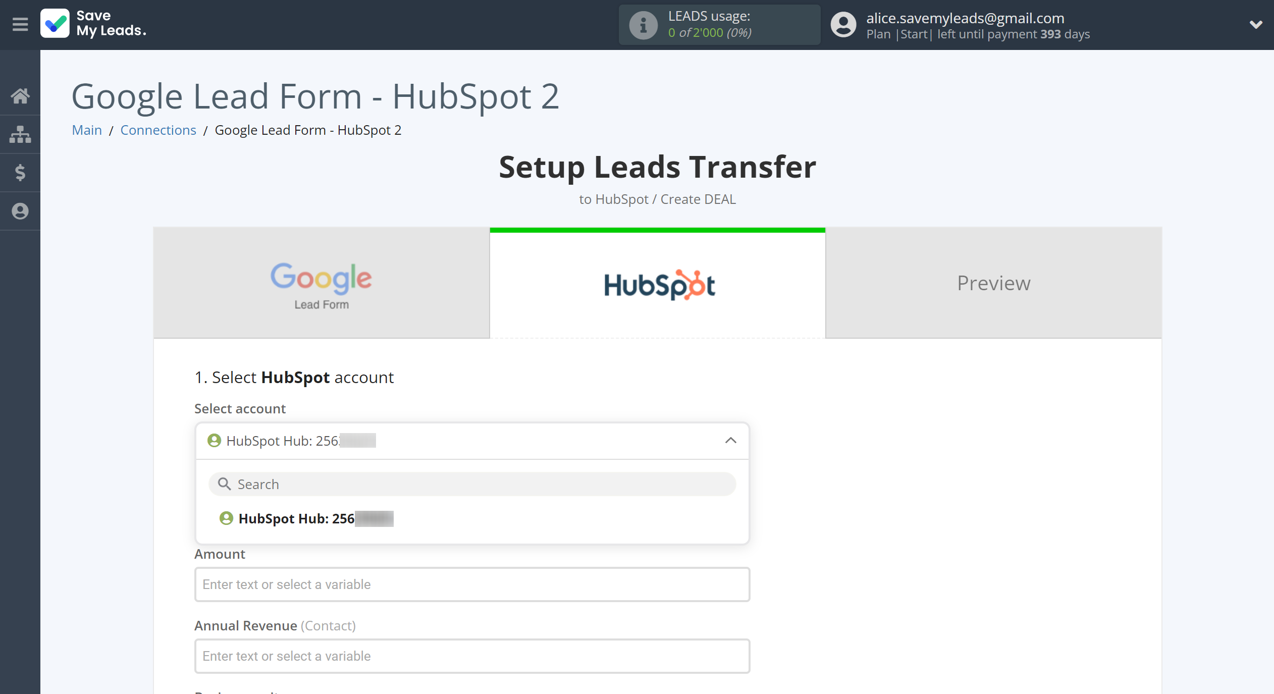 How to Connect Google Lead Form with HubSpot Create Deal | Data Destination account selection