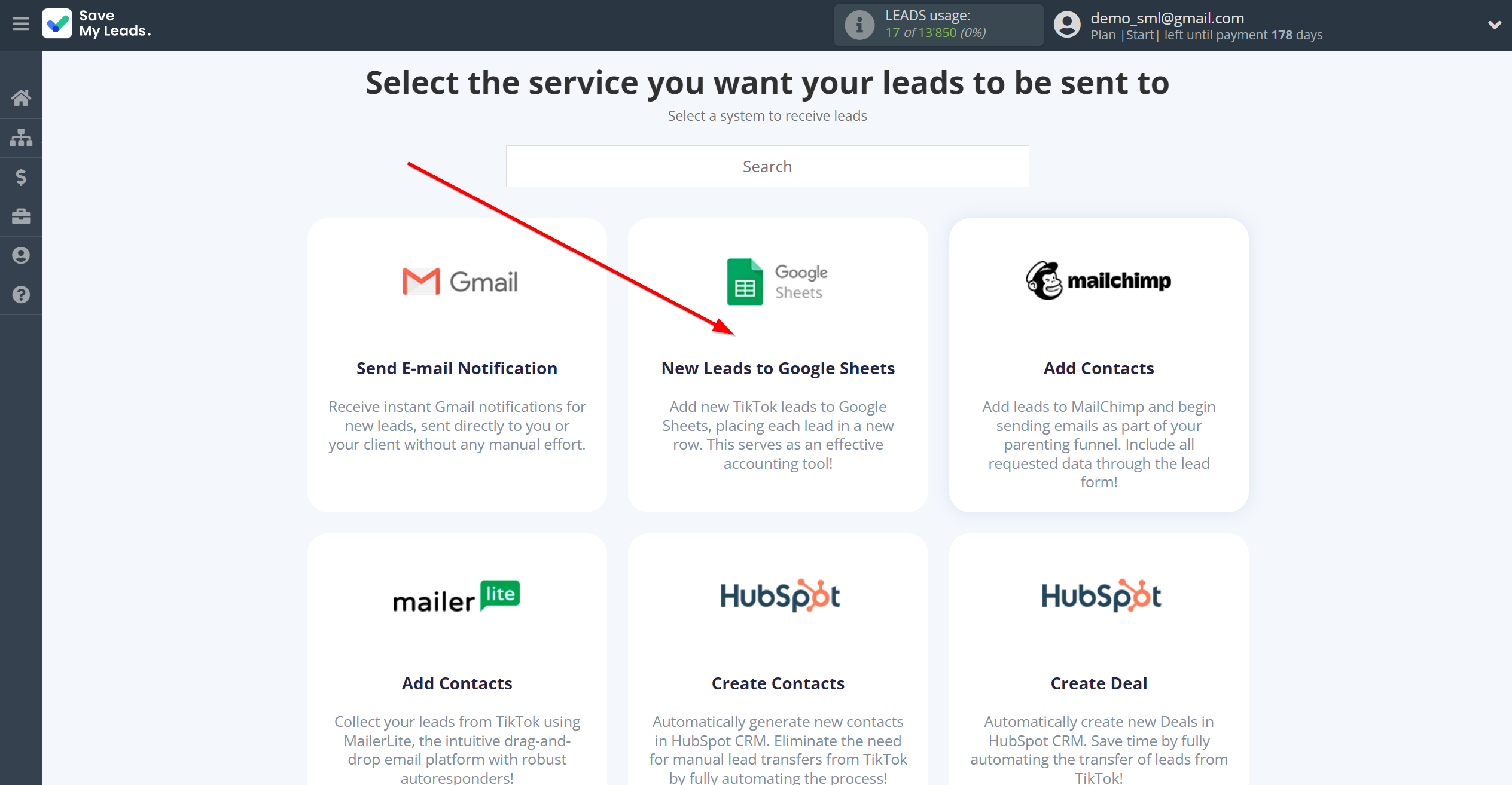 How to Connect TikTok with Google Sheets | Data Destination system selection