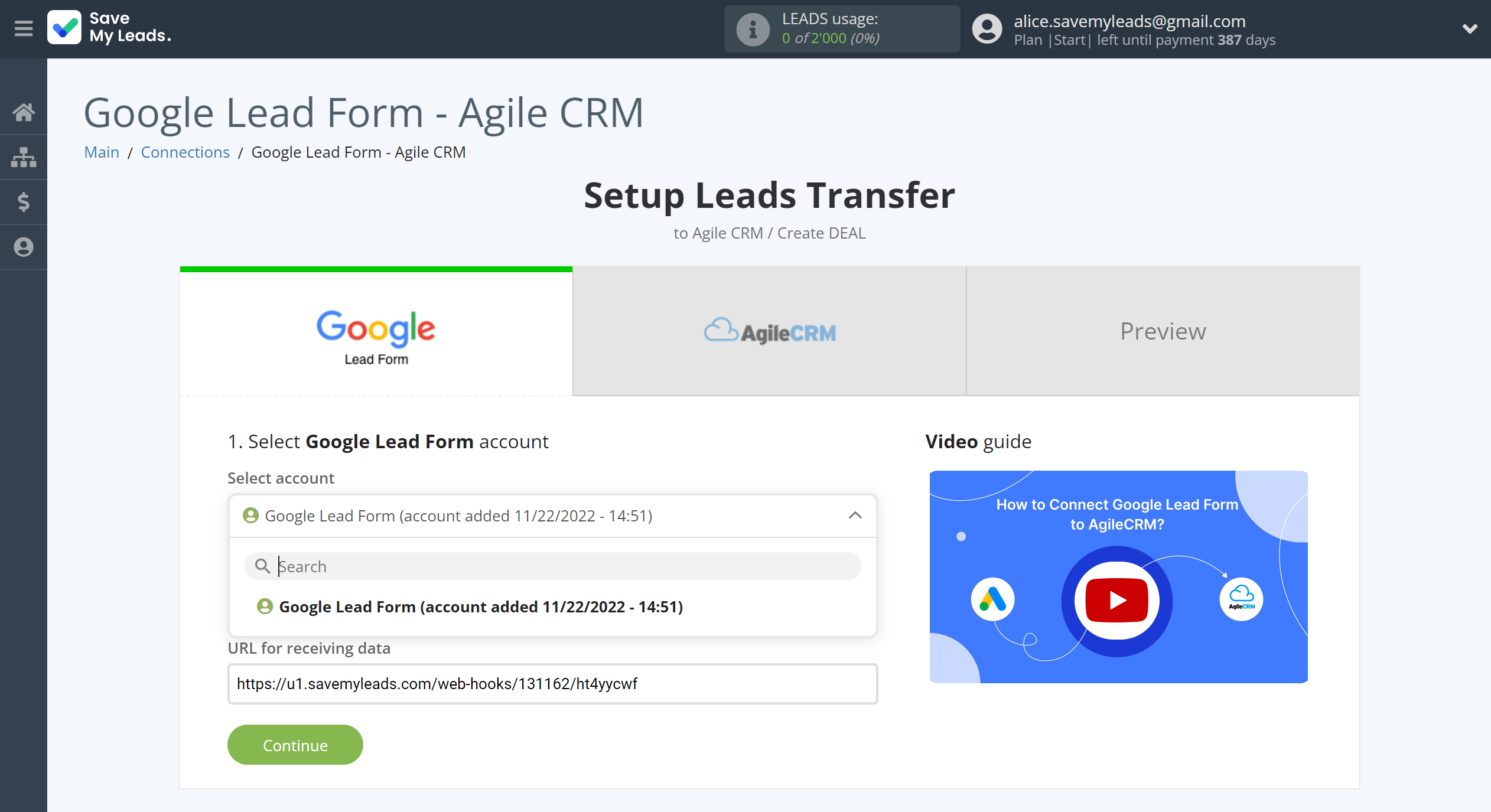 How to Connect Google Lead Form with AgileCRM Create Deal | Data Source account selection