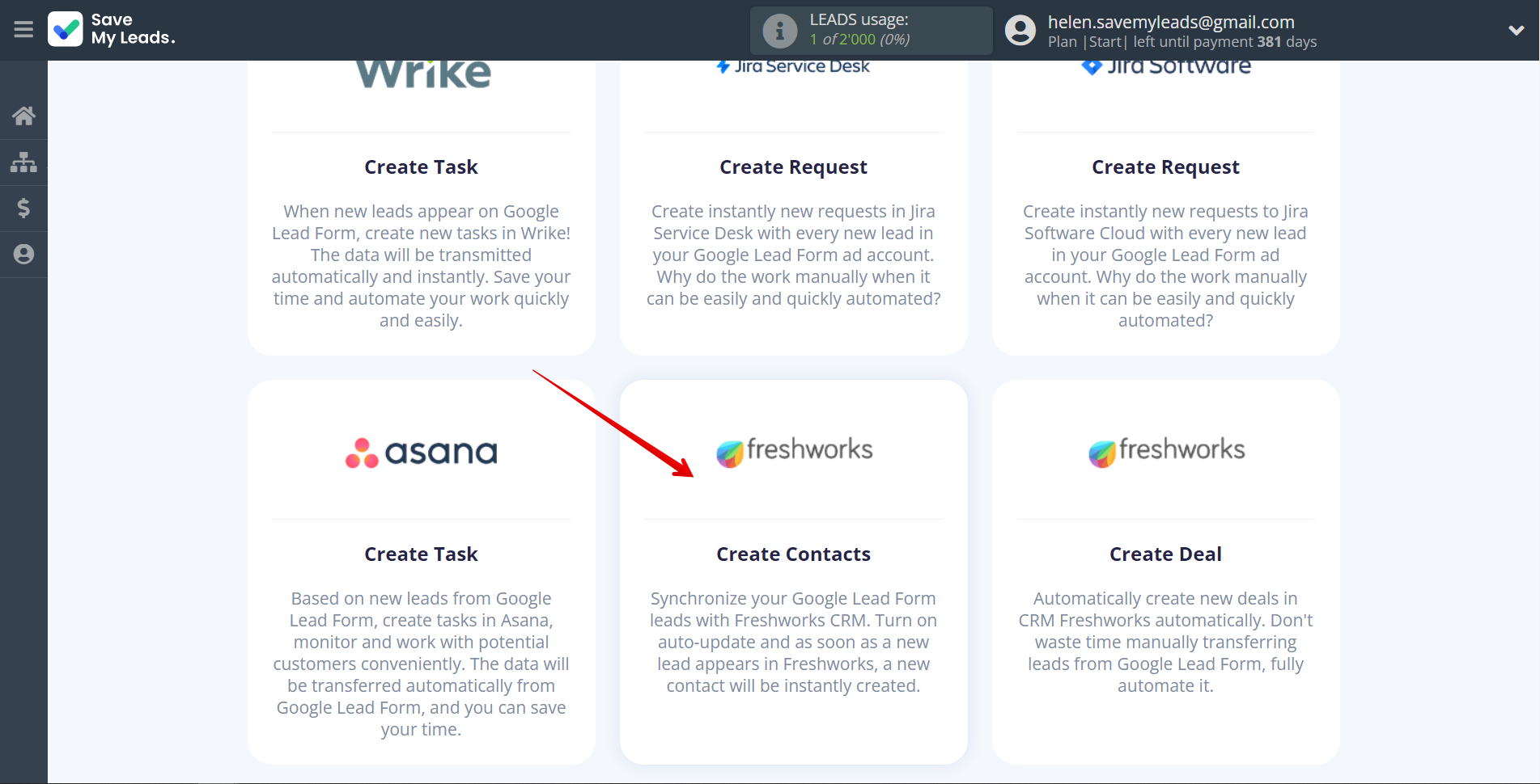 How to Connect Google Lead Form with Freshworks Create Contacts | Data Destination system selection