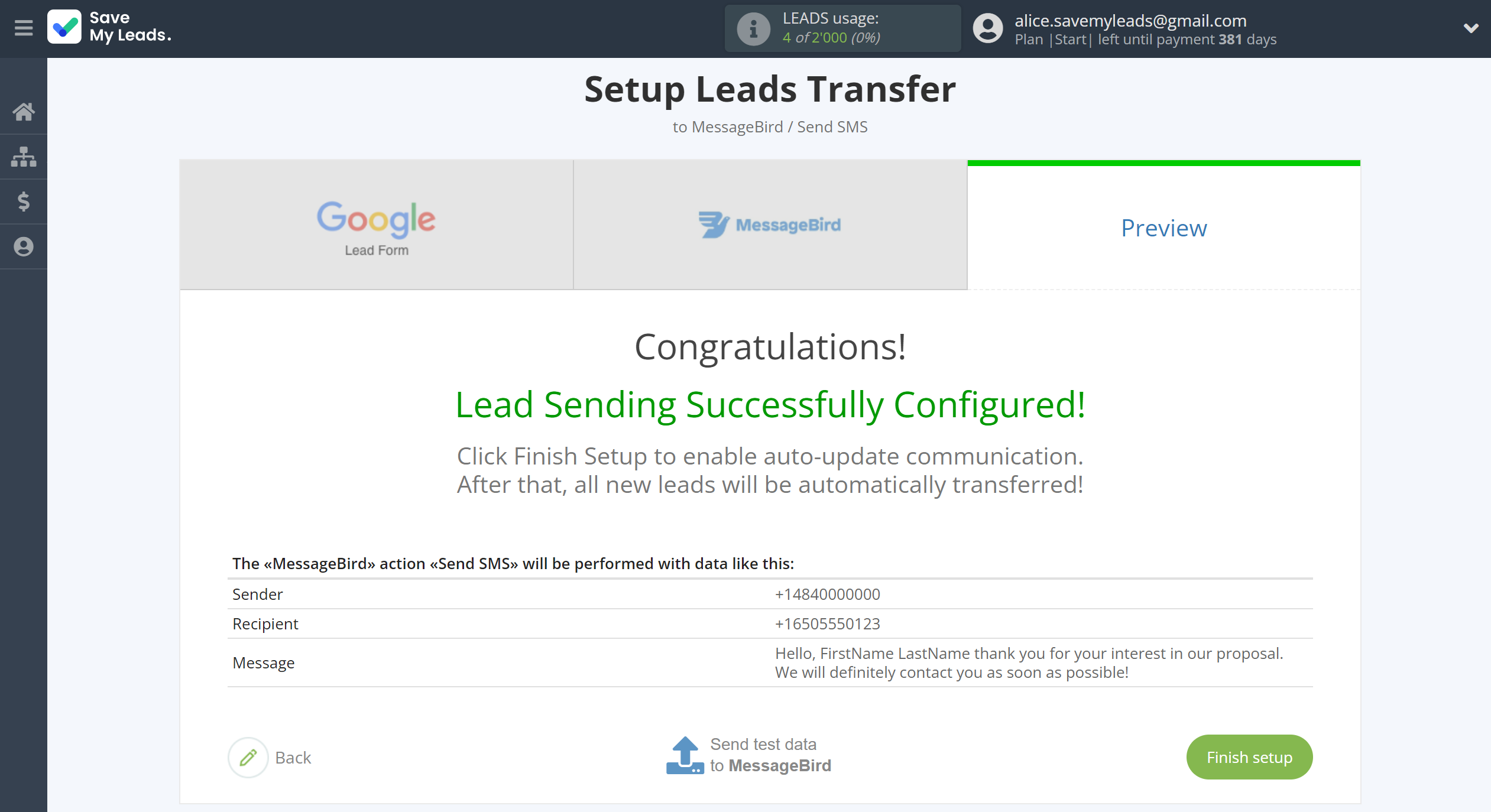 How to Connect Google Lead Form with MessageBird | Test data