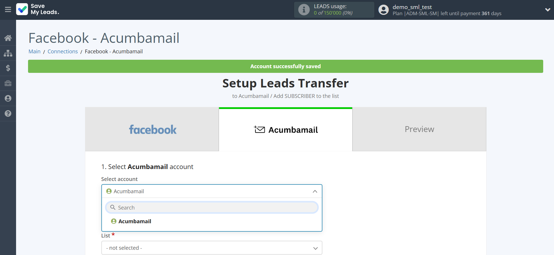 How to Connect Facebook with Acumbamail Add Subscribers | Data Destination account selection