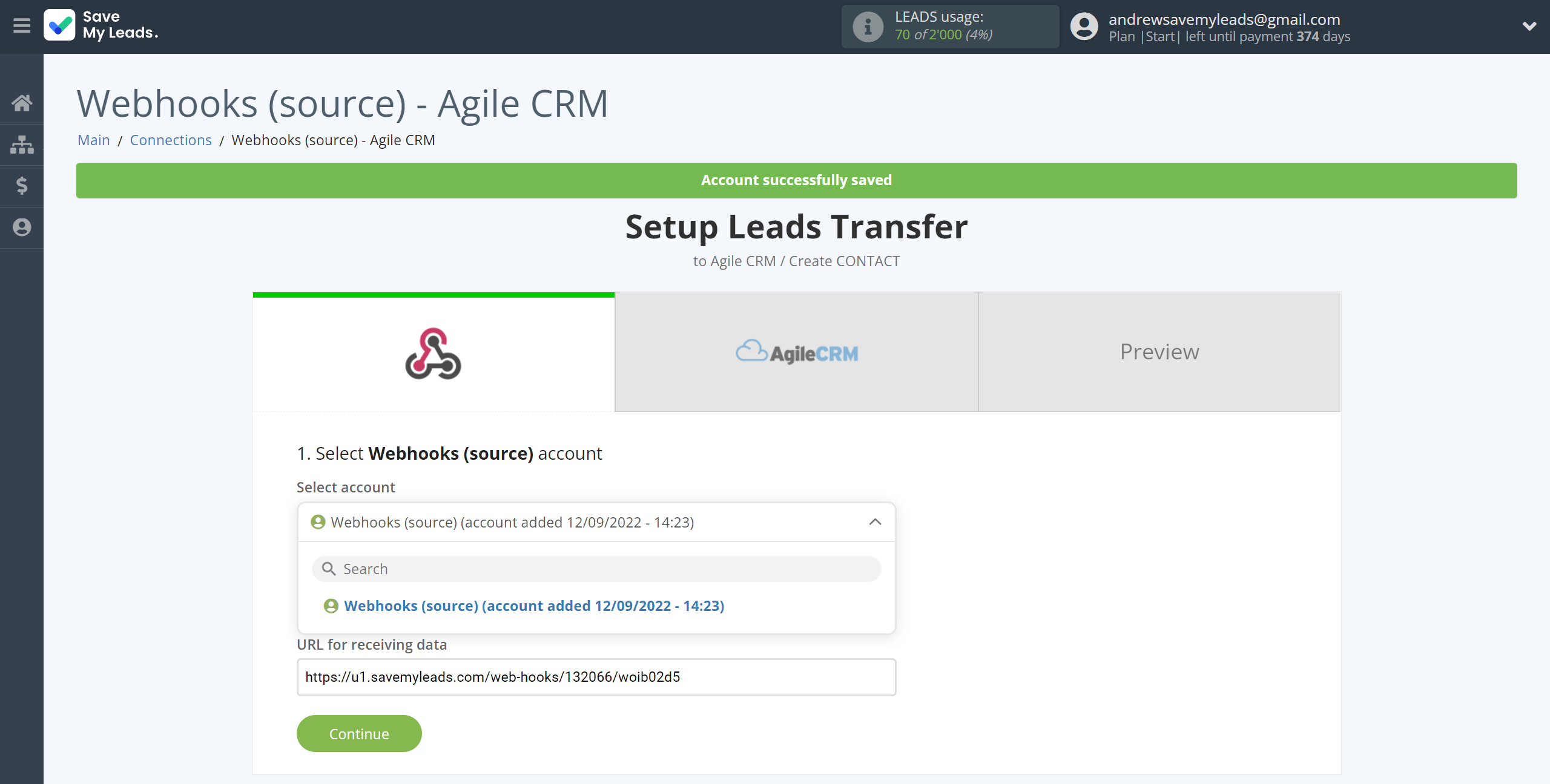 How to Connect Webhooks with AgileCRM Create Contacts | Data Source account selection