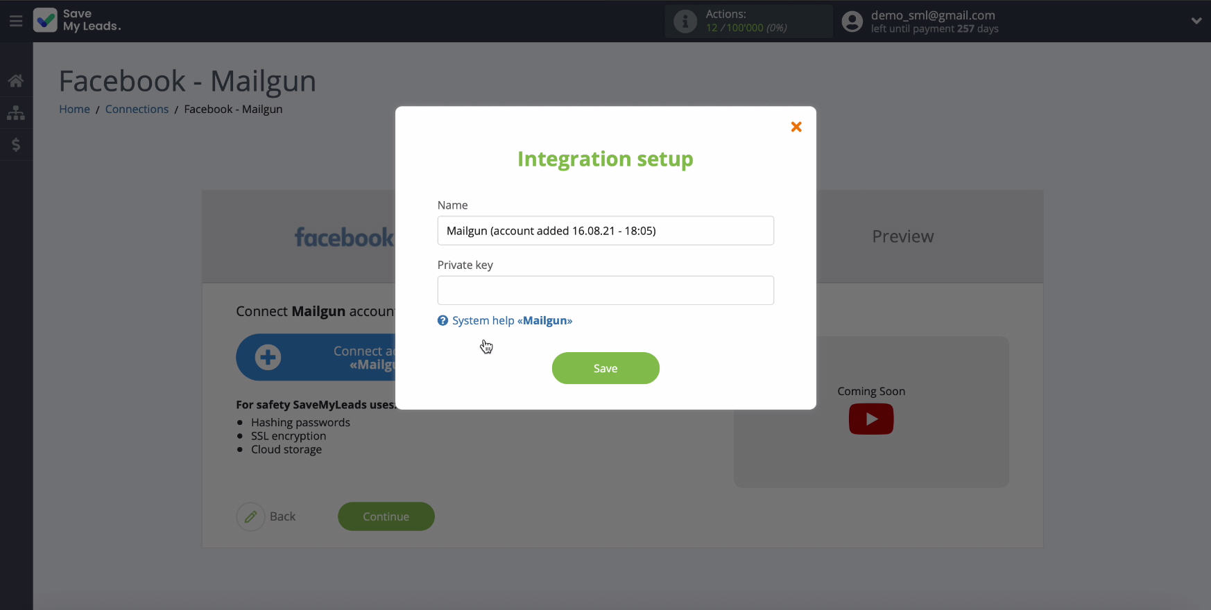 Facebook and Mailgun integration | Entry Login and Key Window