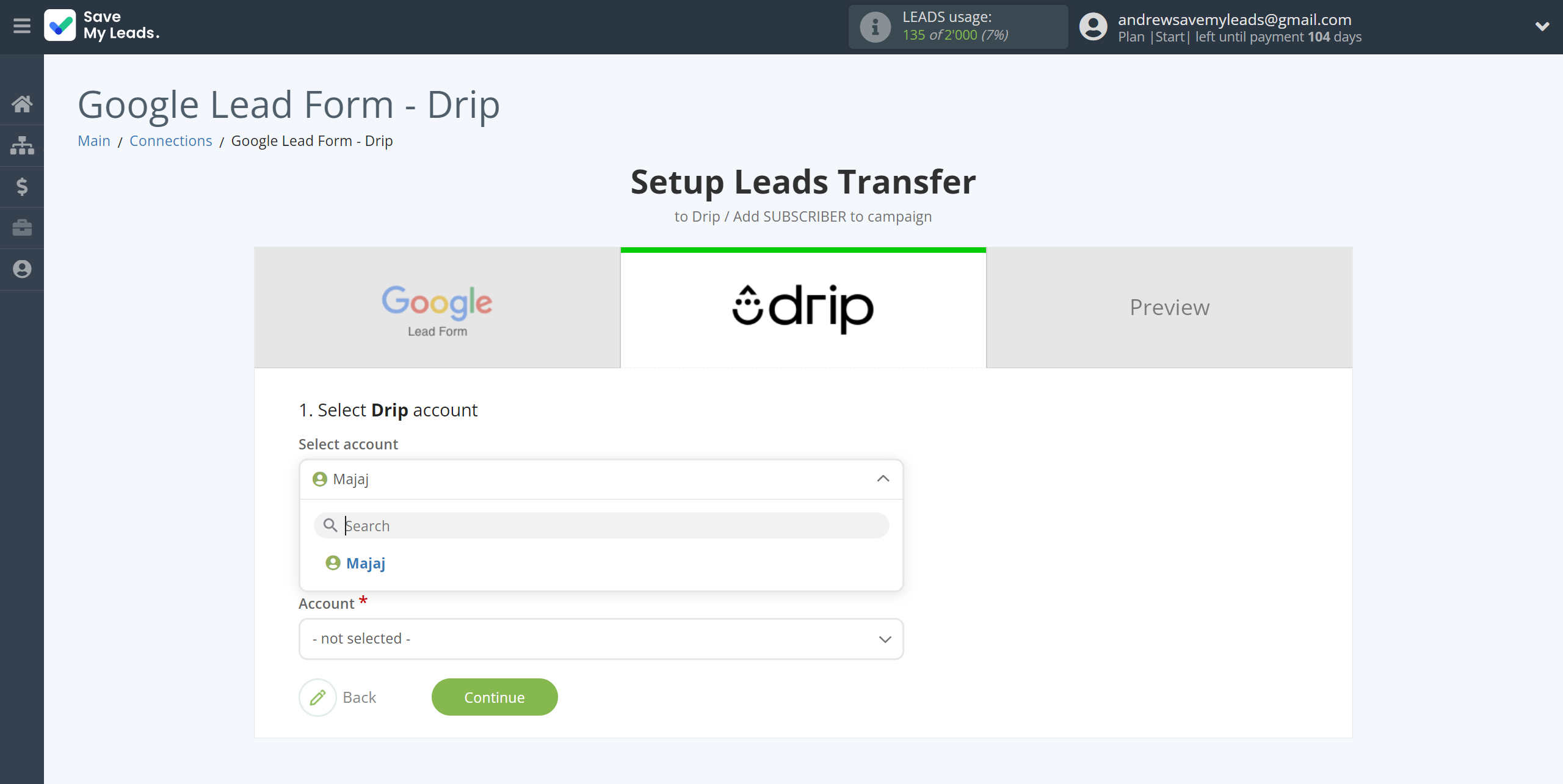 How to Connect Google Lead Form with Drip Add Subscribers to campaign | Data Destination account selection