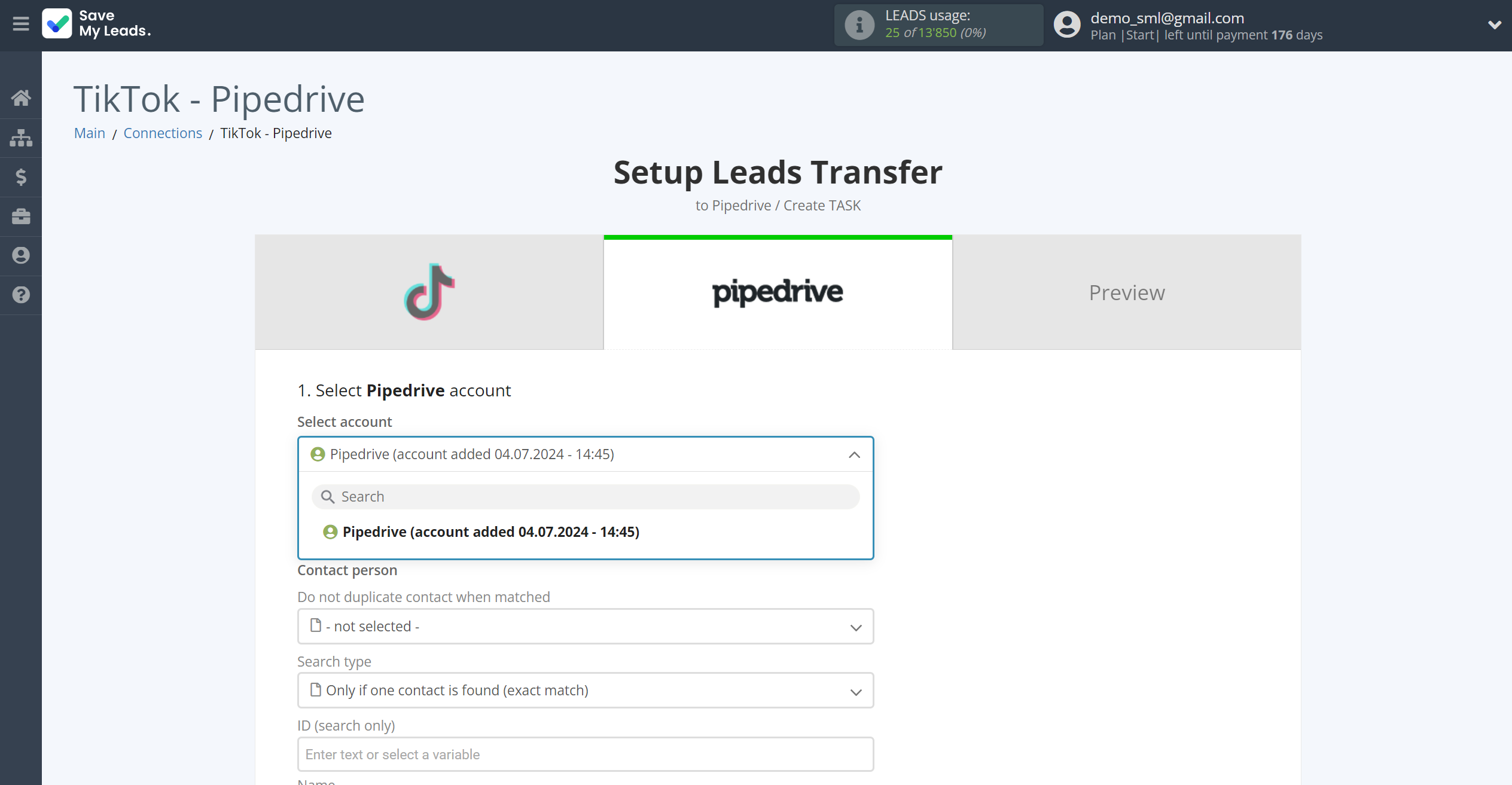 How to Connect TikTok with Pipedrive Create Task | Data Destination account selection