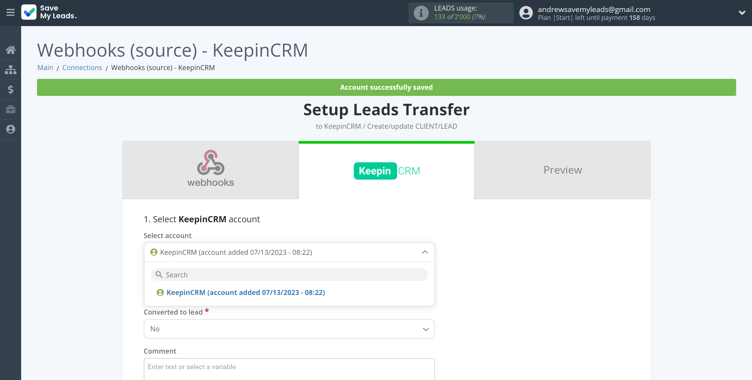 How to Connect Webhooks with KeepinCRM Create/update Client/Lead | Data Destination account selection