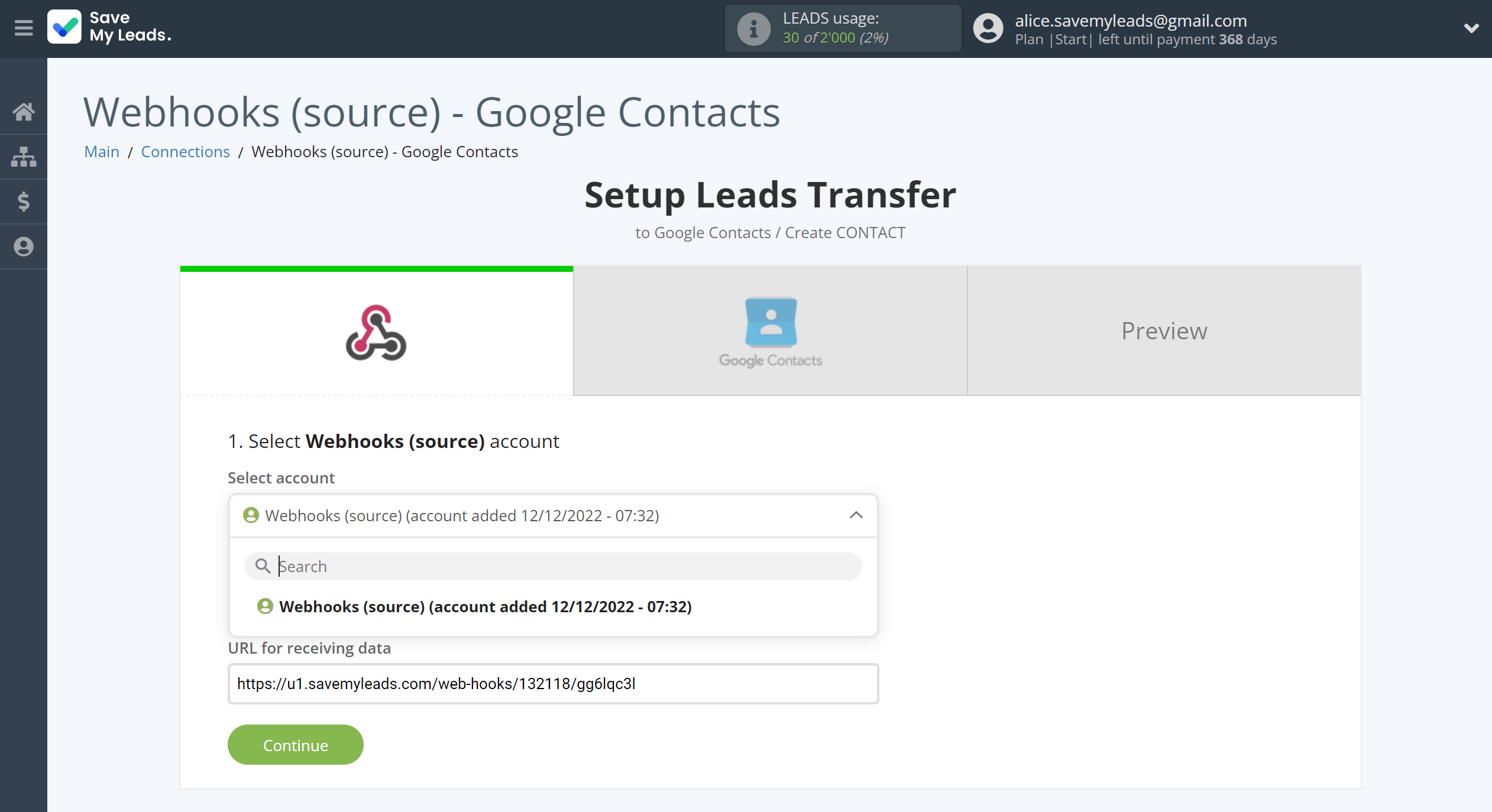 How to Connect Webhooks with Google Contacts | Data Source account selection