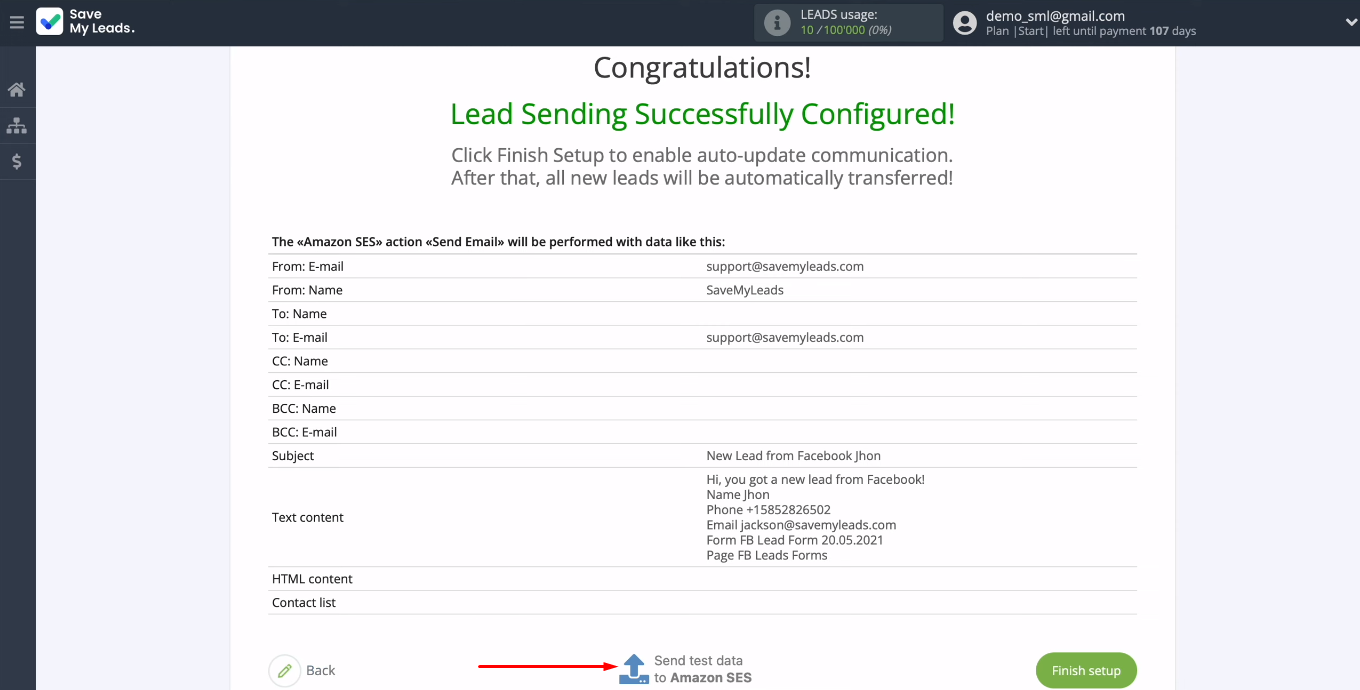 Facebook and Amazon SES integration | Send test data to Amazon SES Facebook and Amazon SES integration | Send test data to Amazon SES