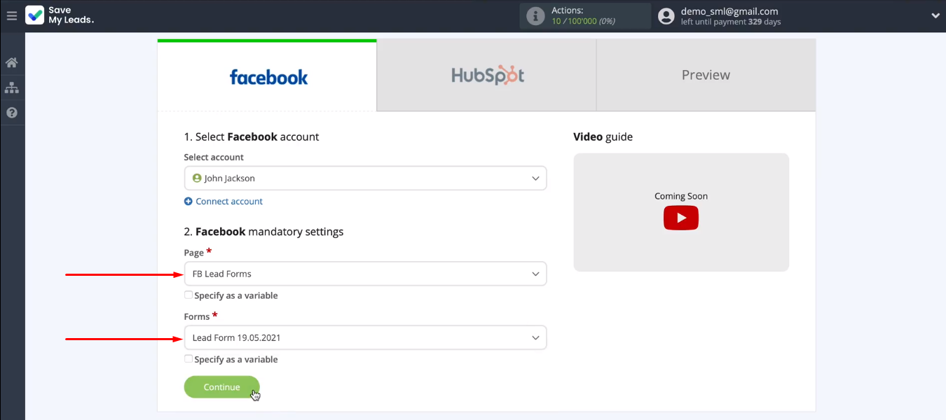 Facebook and HubSpot integration |&nbsp;Choose an advertising page and lead form