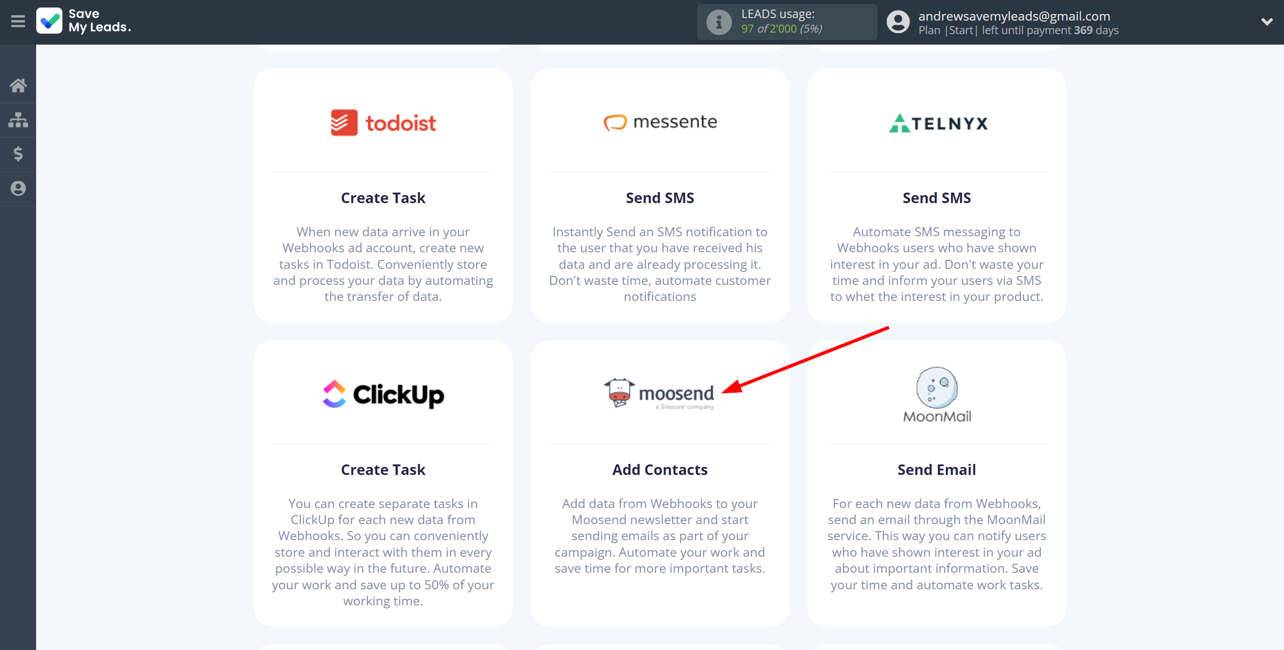 How to Connect Webhooks with Moosend | Data Destination system selection