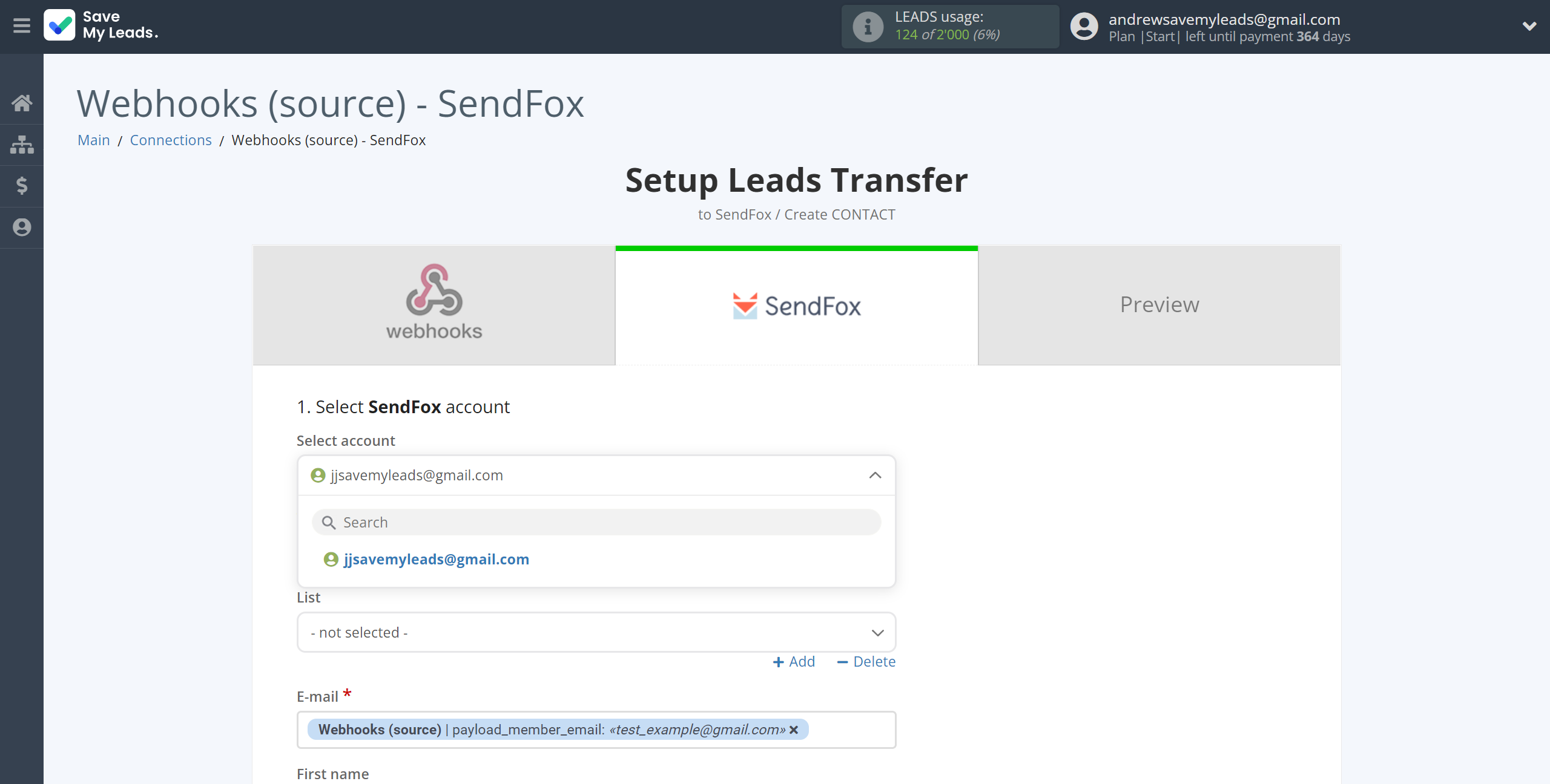 How to Connect Webhooks with SendFox | Data Destination account selection