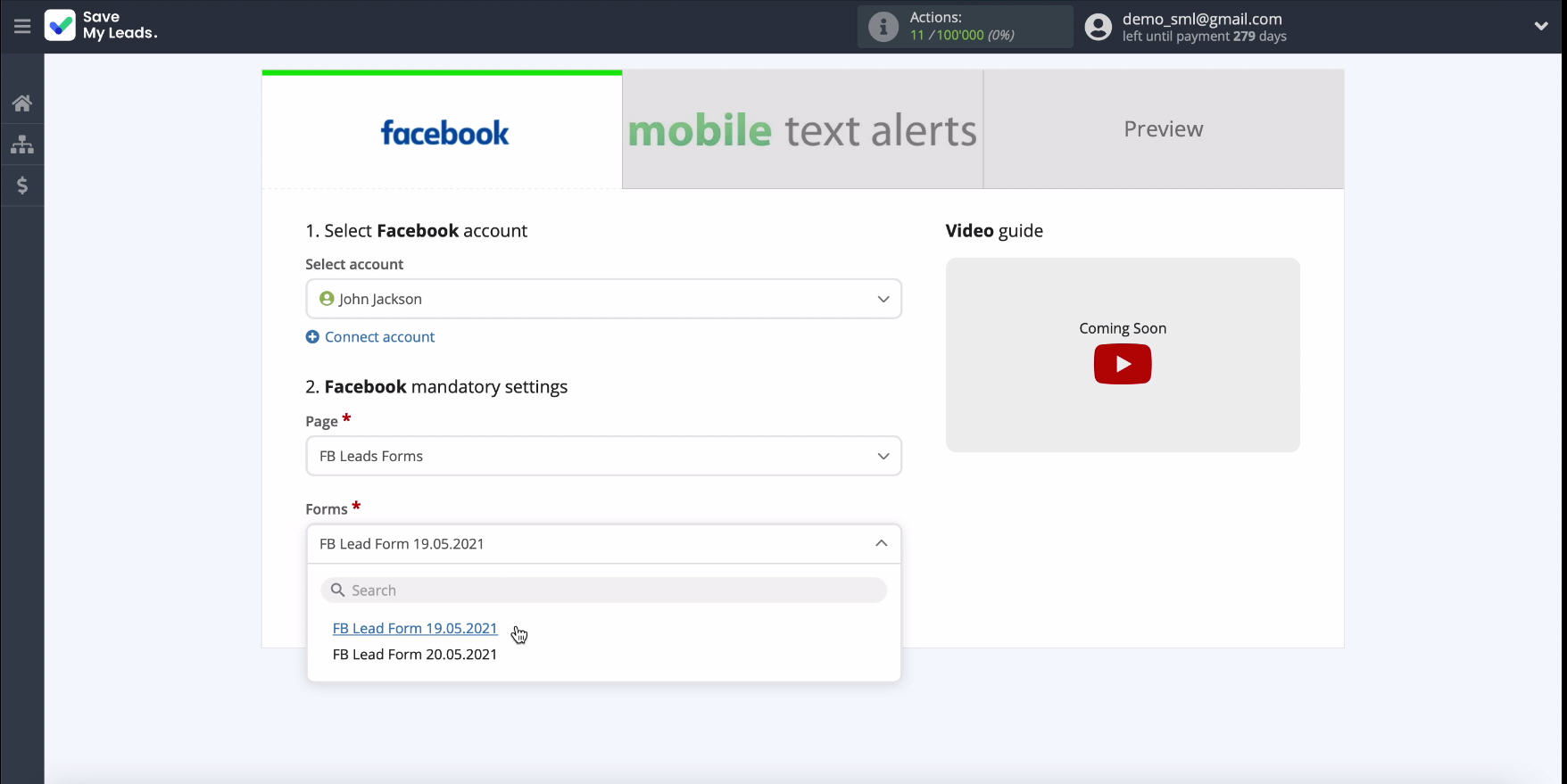 Facebook and Mobile Text Alerts integration | Specify the forms