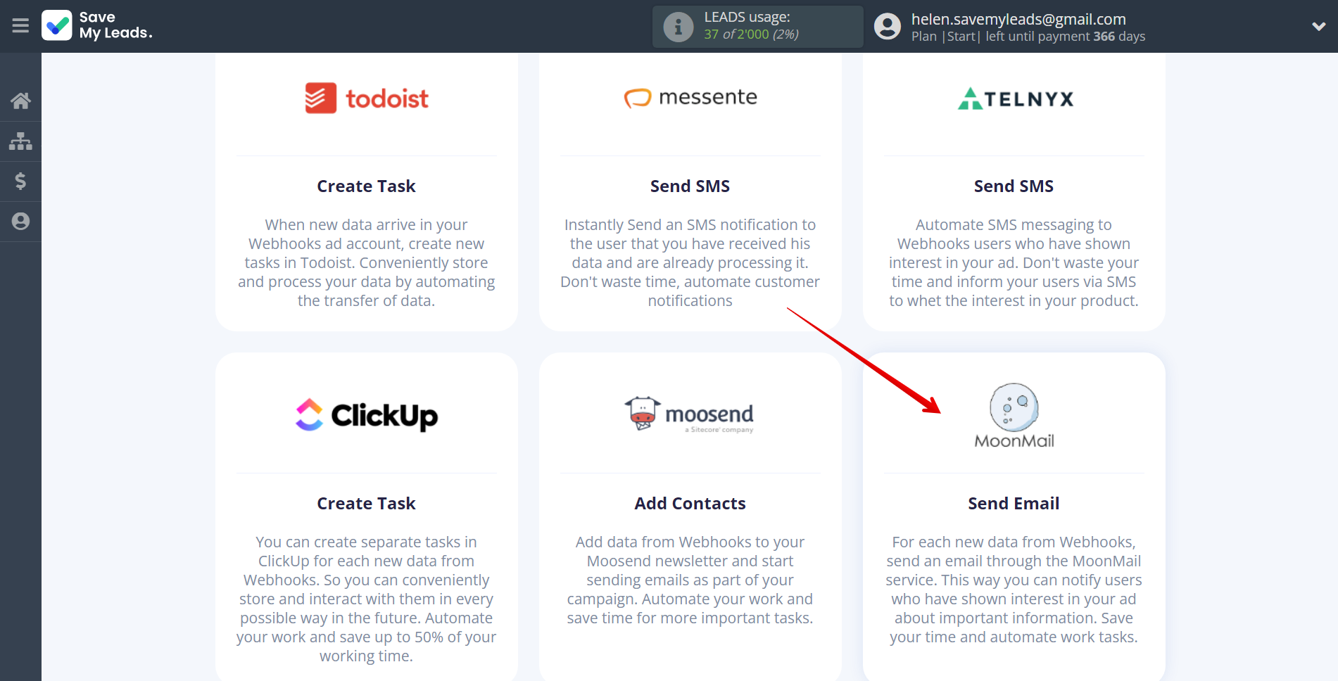 How to Connect Webhooks with MoonMail | Data Destination system selection