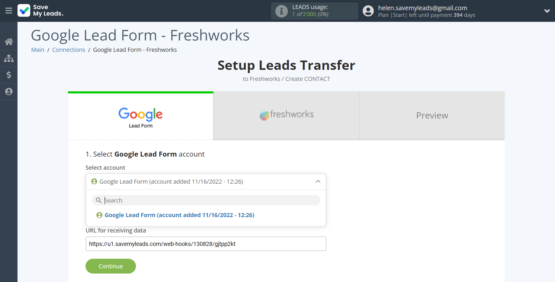 How to Connect Google Lead Form with Freshworks Create Contacts | Data Source account selection