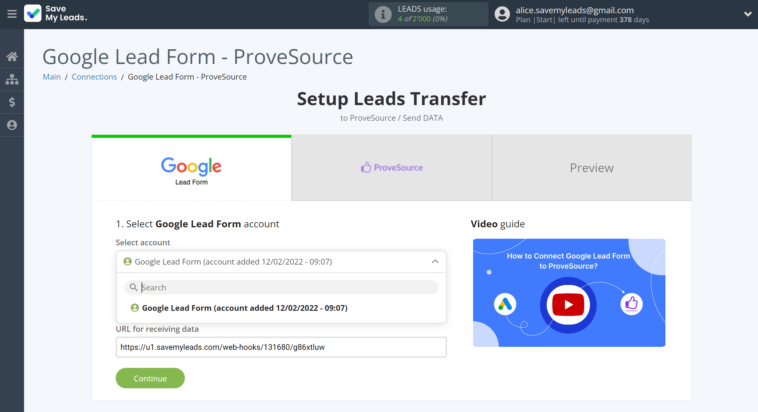 How to Connect Google Lead Form with ProveSource | Data Source account selection