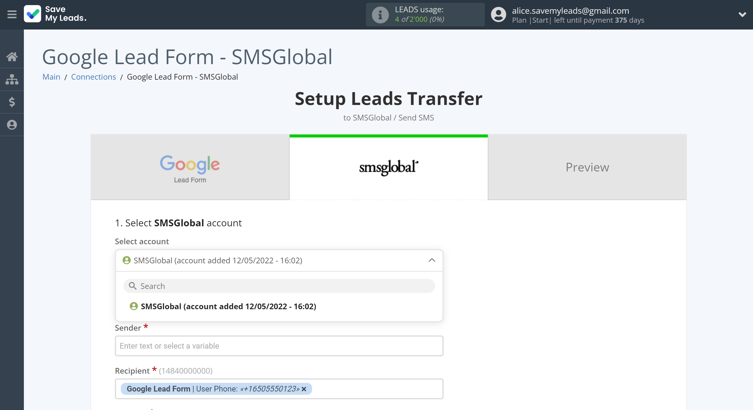 How to Connect Google Lead Form with SMSGlobal | Data Destination account selection