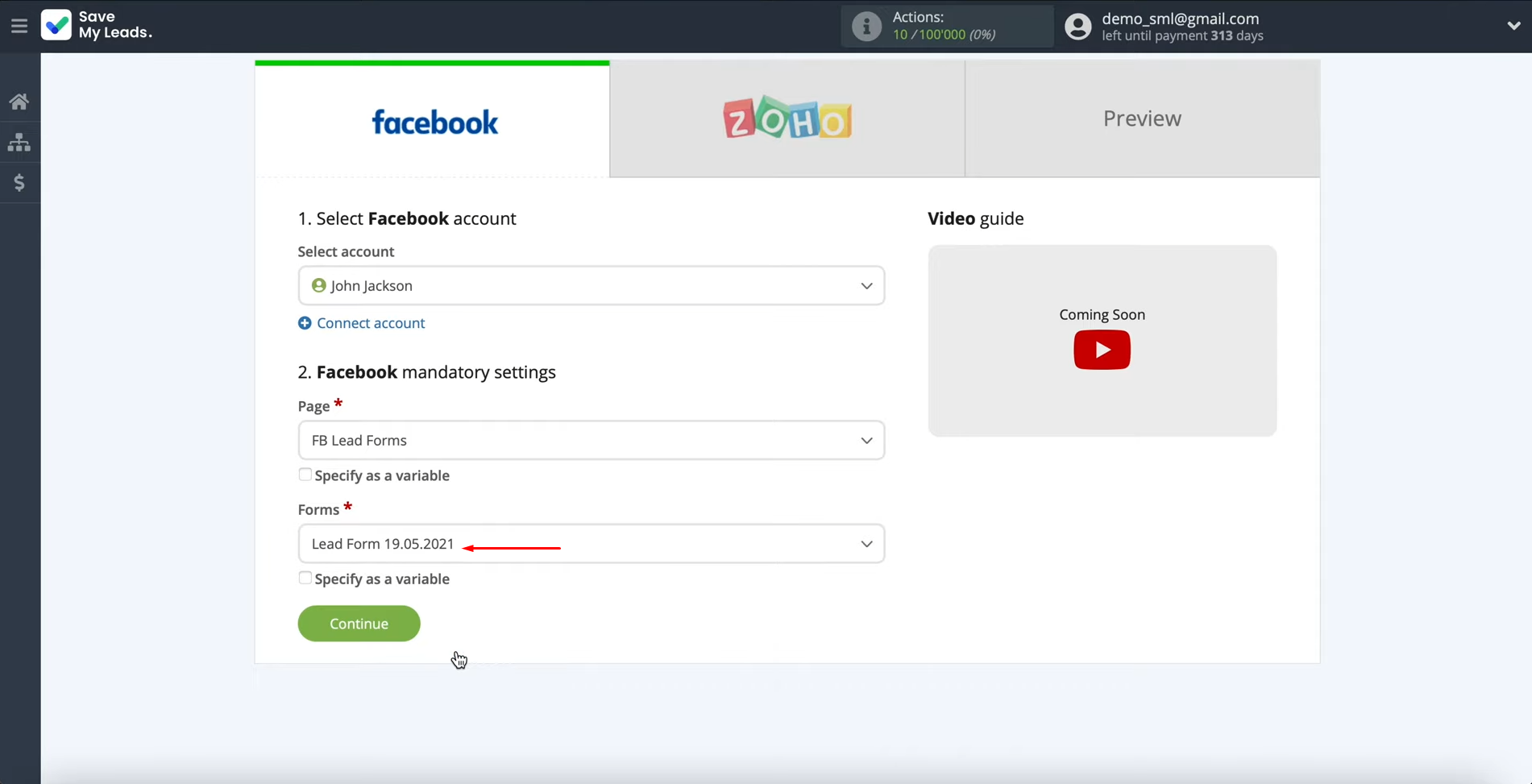 Facebook Lead Ads and Zoho CRM integration | Specify the forms