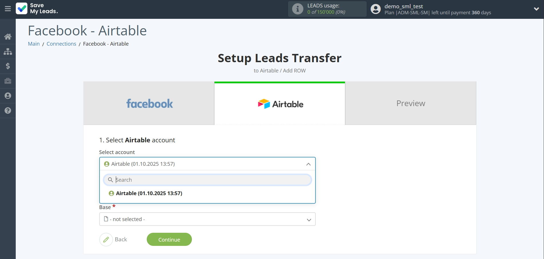 How to Connect Facebook with AirTable | Data Destination account selection
