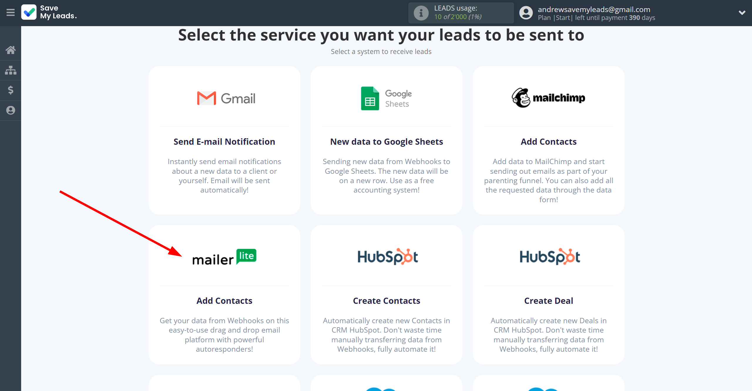 How to Connect Webhooks with MailerLite | Data Destination system selection