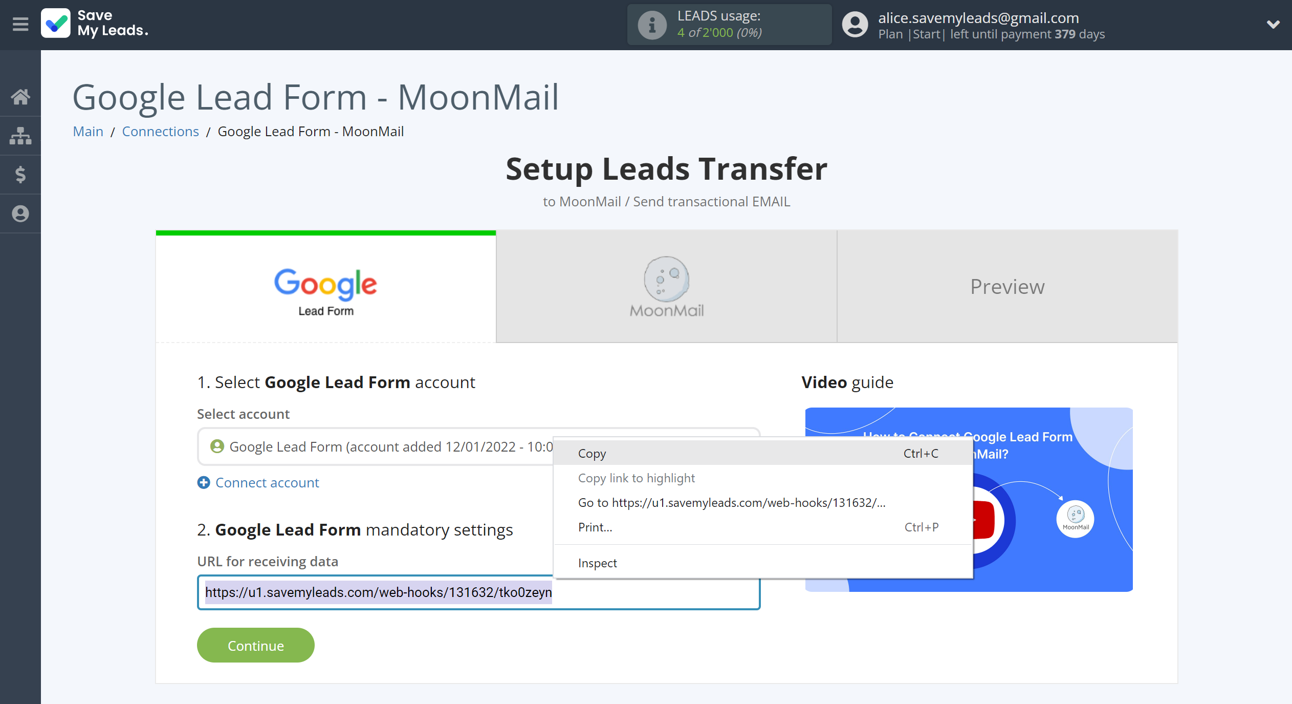 How to Connect Google Lead Form with MoonMail | Data Source account connection