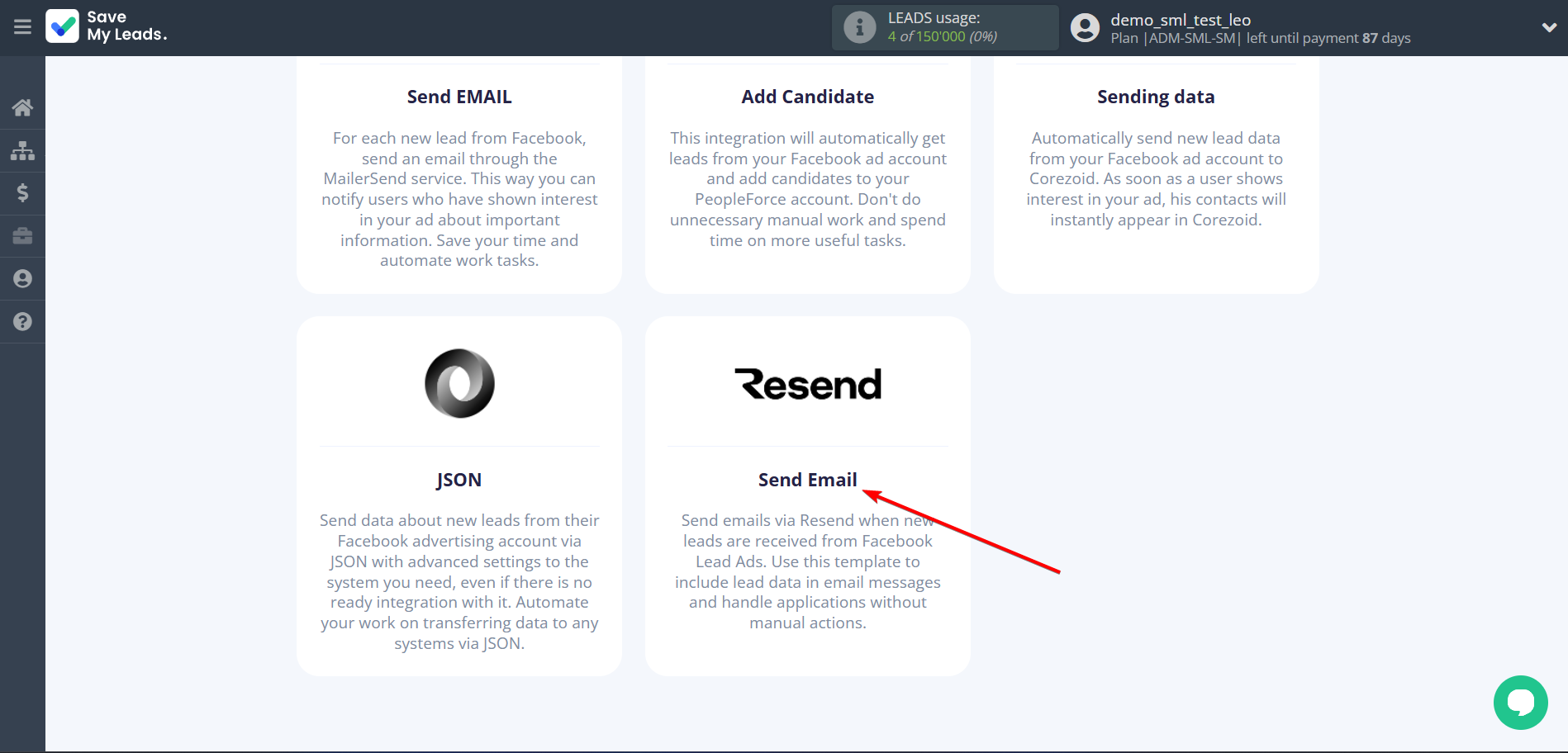 How to Connect Facebook with Resend | Data Destination system selection
