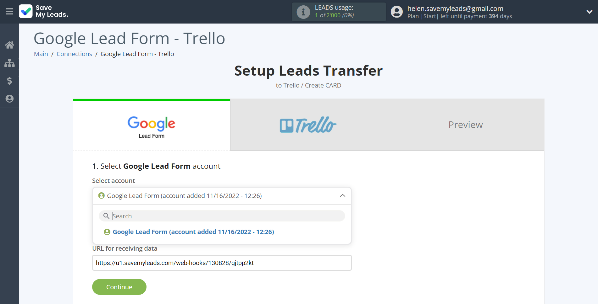 How to Connect Google Lead Form with Trello | Data Source account selection