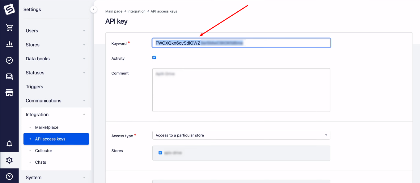 Facebook and Simla integration | Copy the API key