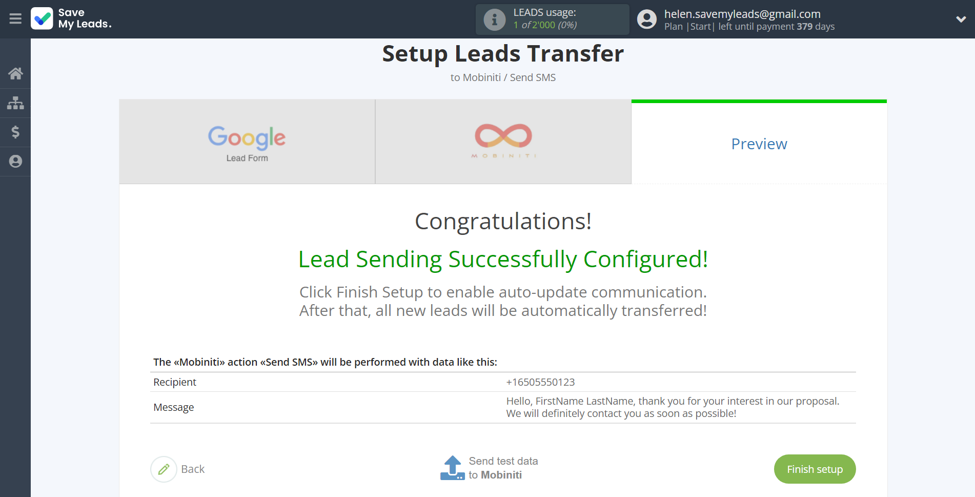 How to Connect Google Lead Form with Mobiniti | Test data