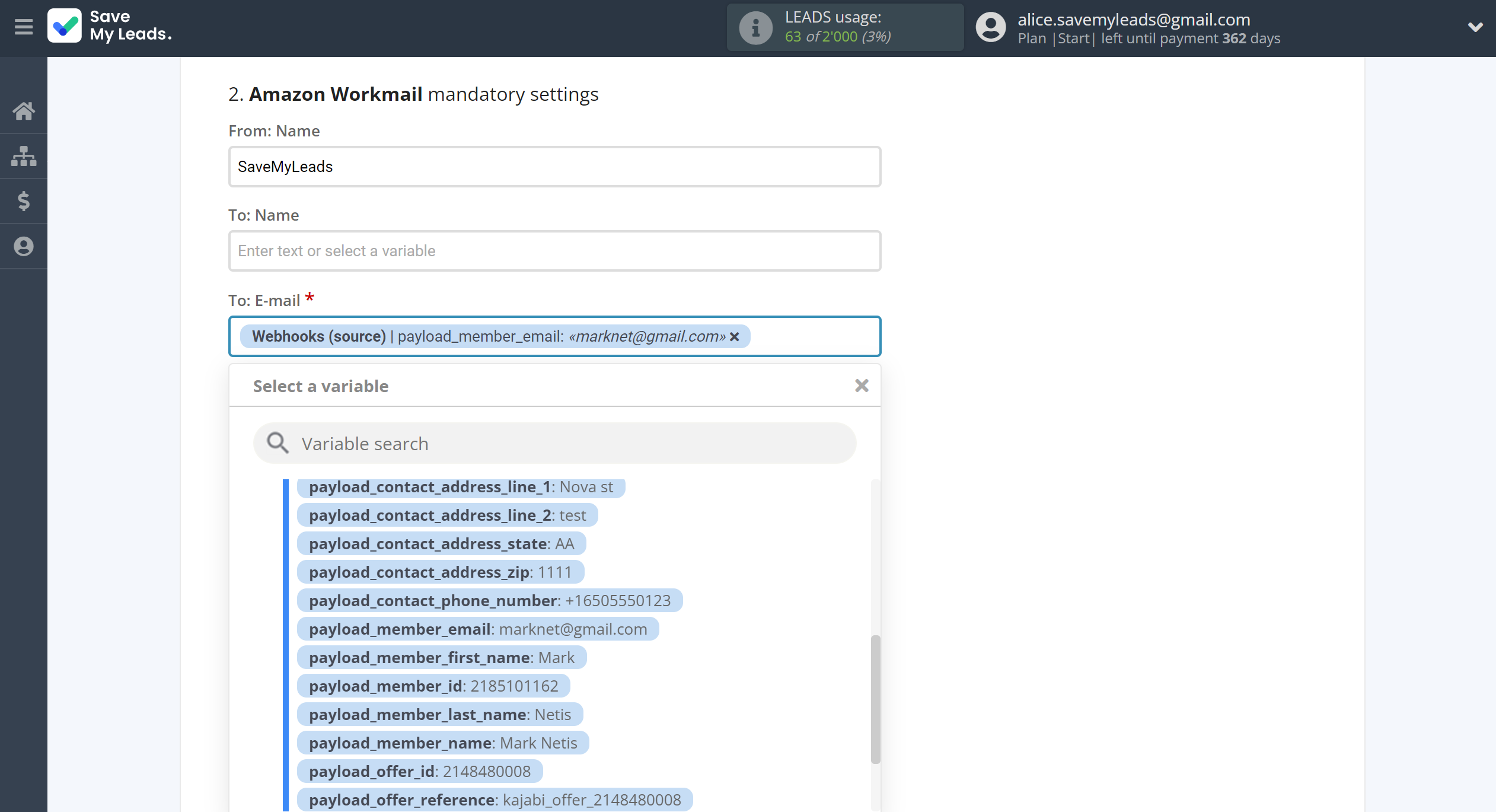 How to Connect Webhooks with Amazon Workmail | Assigning fields