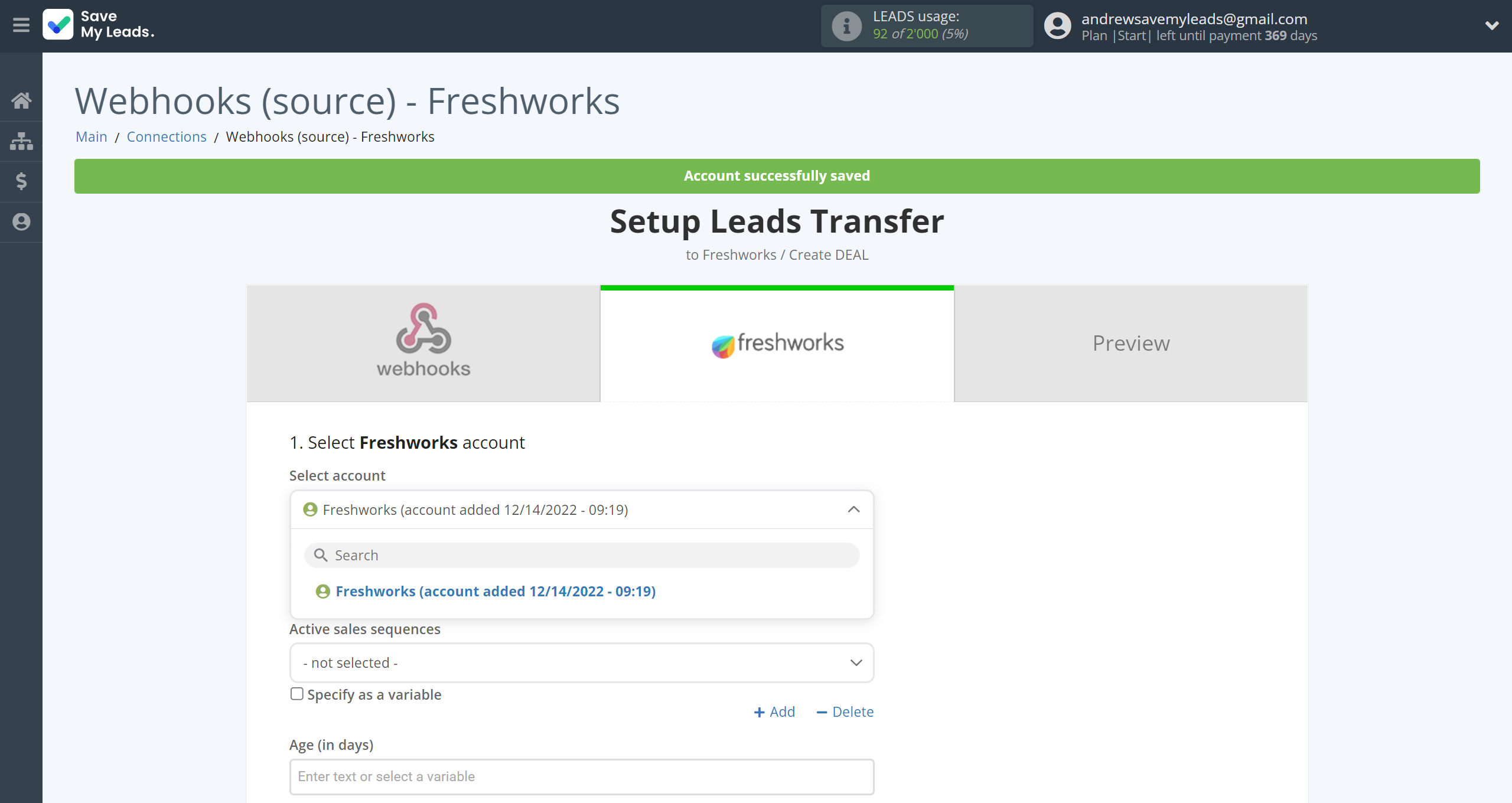 How to Connect Webhooks with Freshworks Create Deal | Data Destination account selection