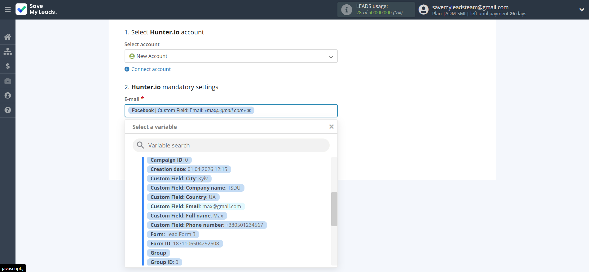 How to Connect Facebook with Hunter.io | Assigning fields