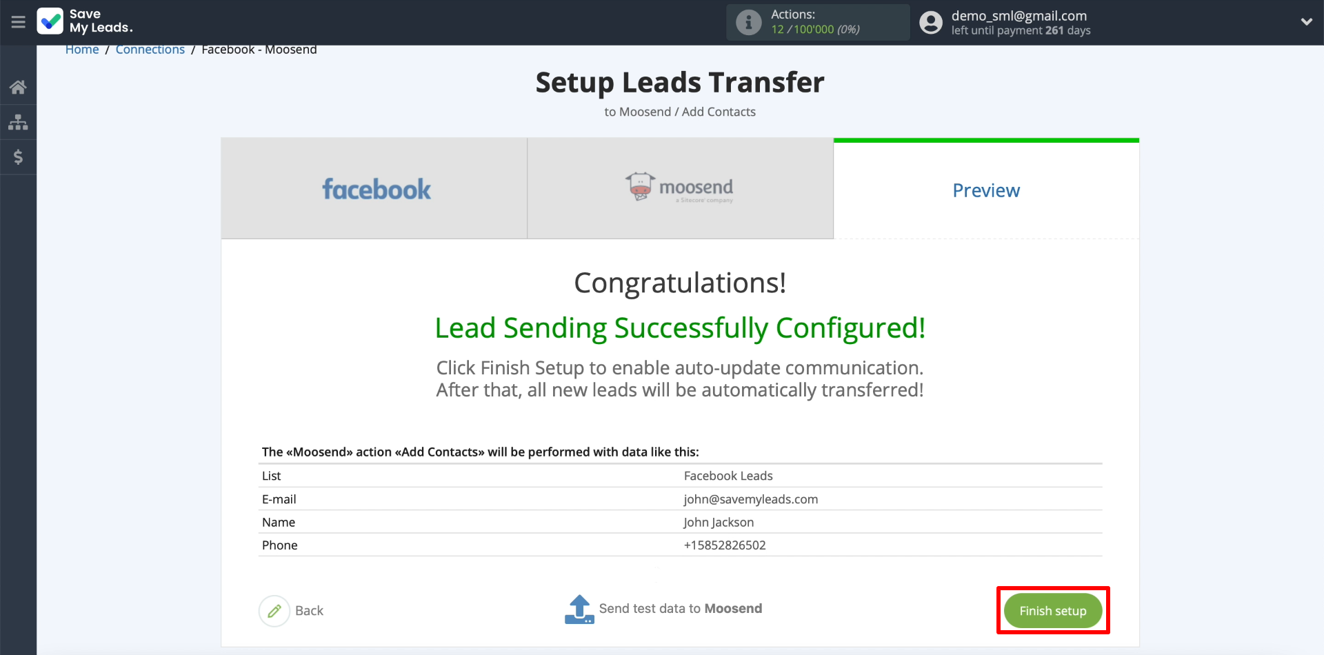 How to set up the upload of new leads from your Facebook ad account in Moosend | Finishing the integration setup