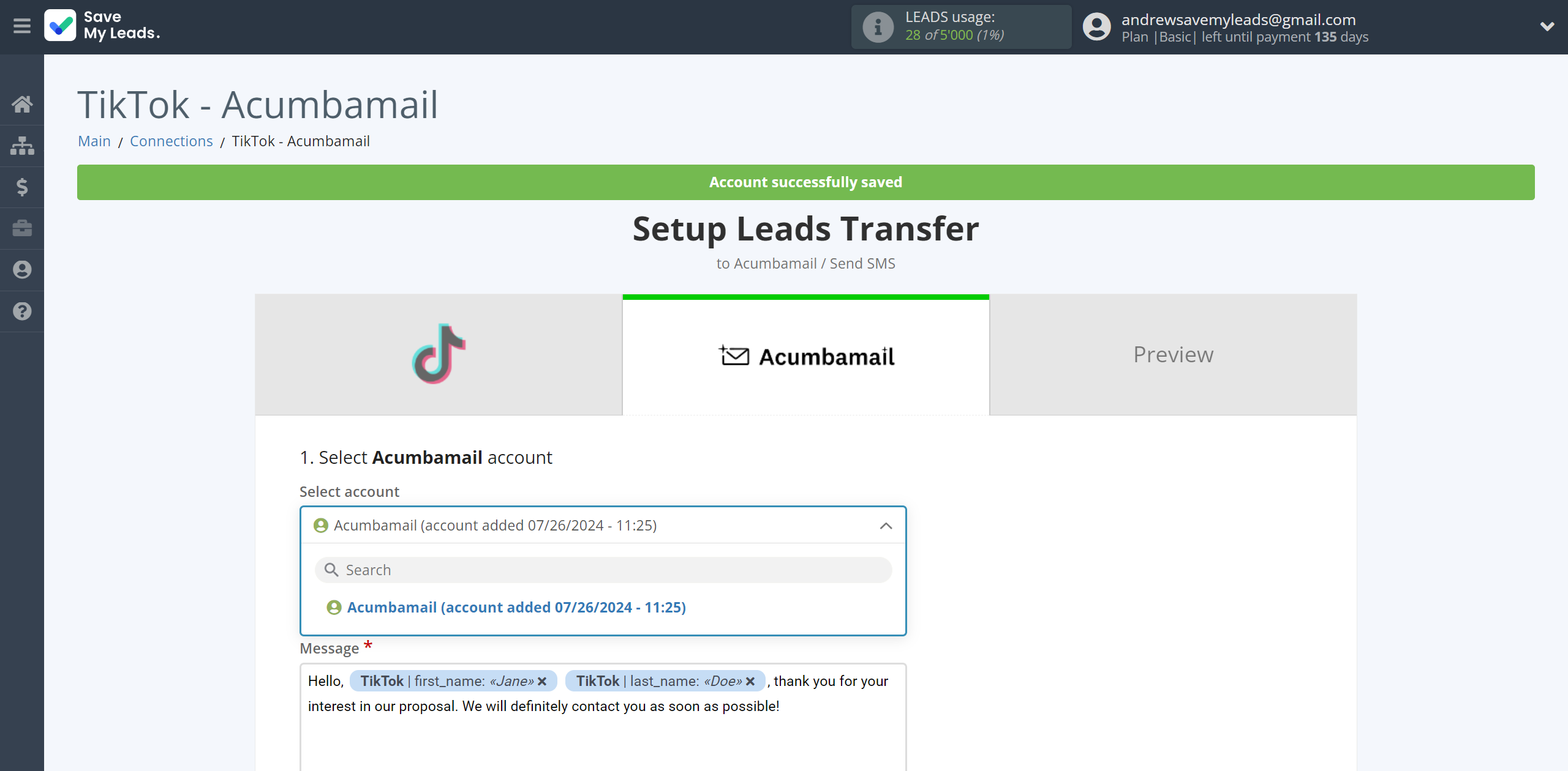 How to Connect TikTok with Acumbamail Send SMS | Data Destination account selection