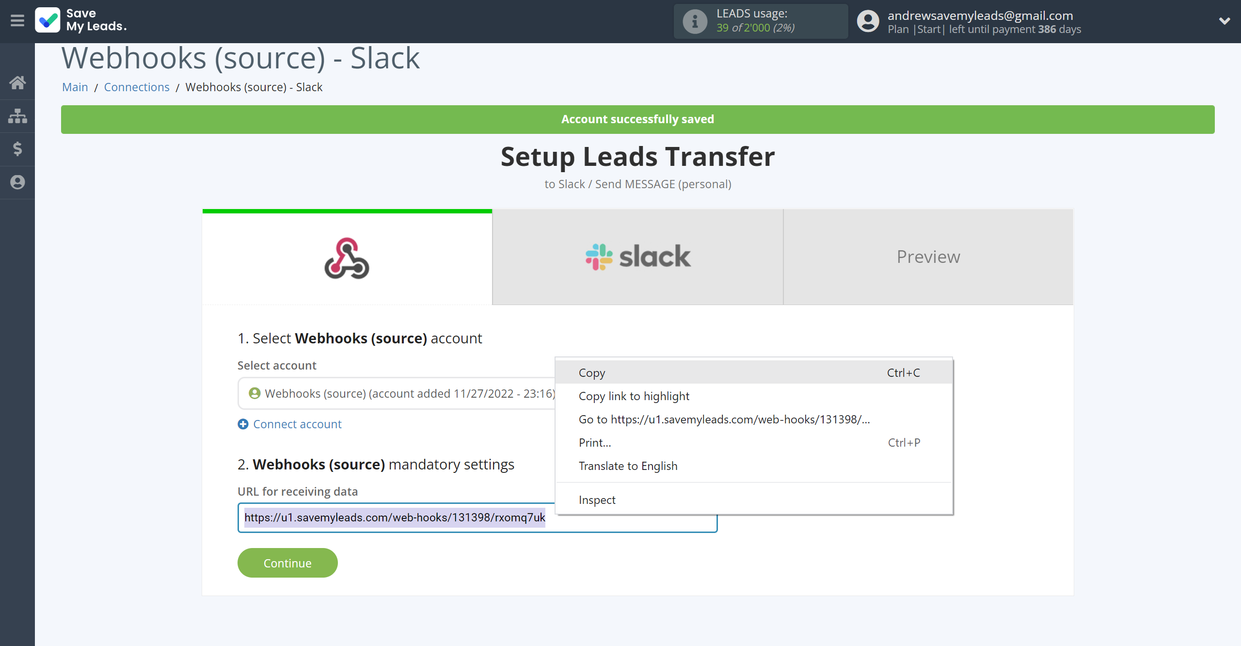 How to Connect Webhooks with Slack Personal Notification | Data Source account connection