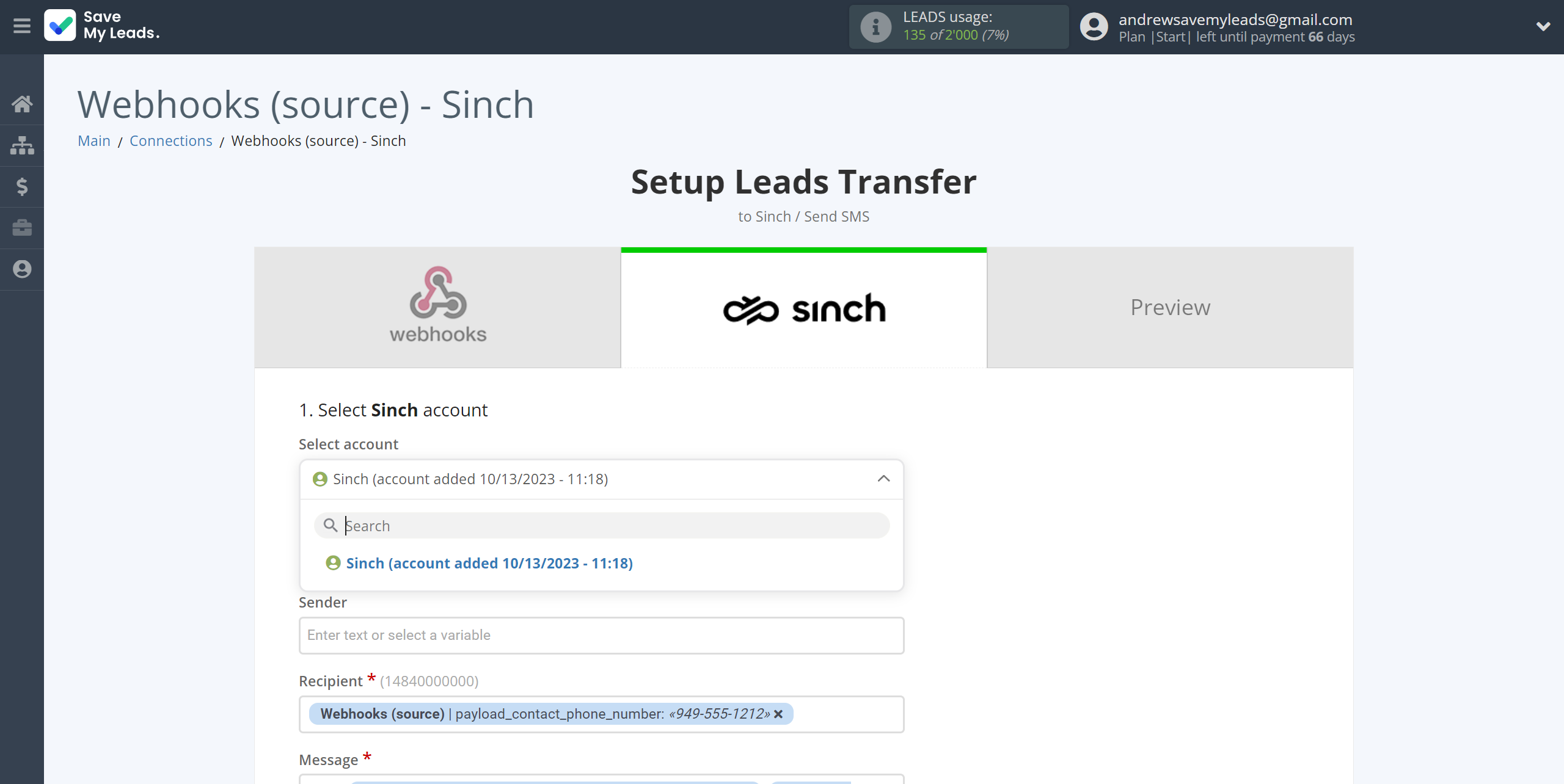 How to Connect Webhooks with Sinch | Data Destination account selection