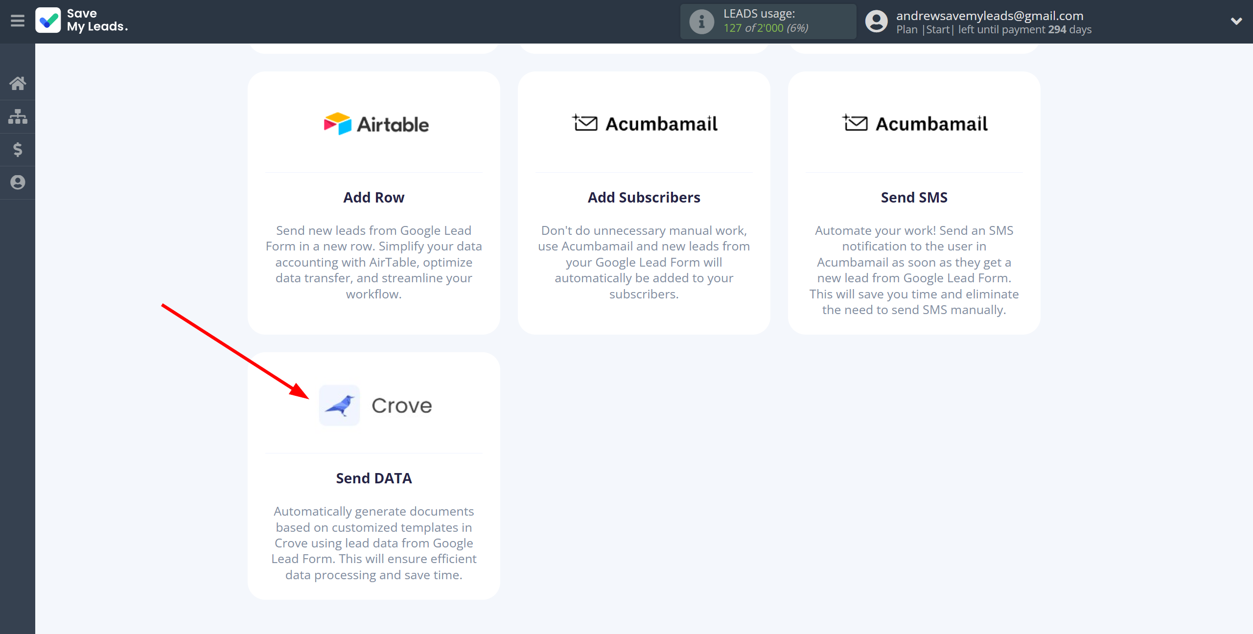 How to Connect Google Lead Form with Crove | Data Destination system selection