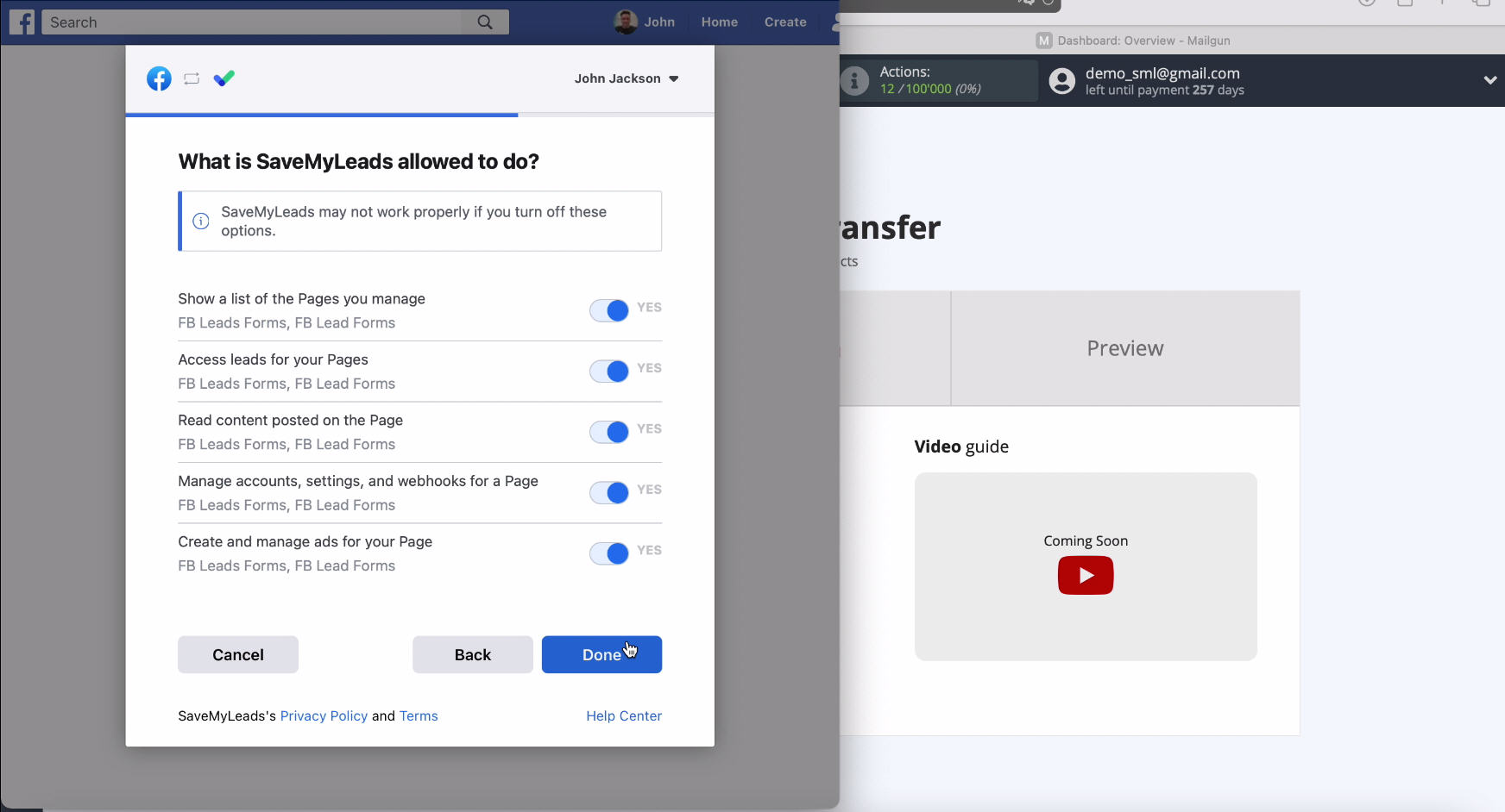 Facebook and Mailgun integration | Access settings