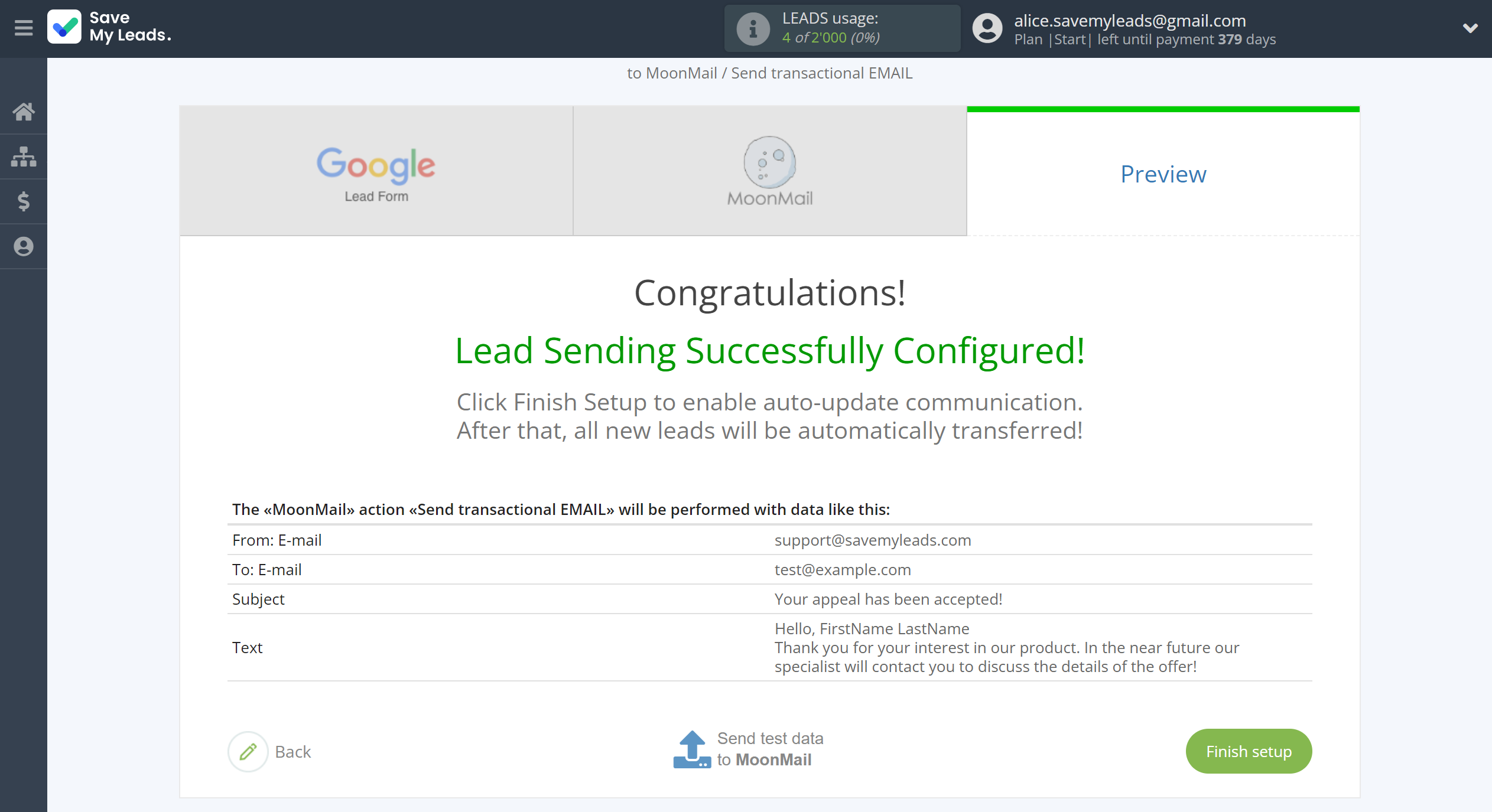 How to Connect Google Lead Form with MoonMail | Test data