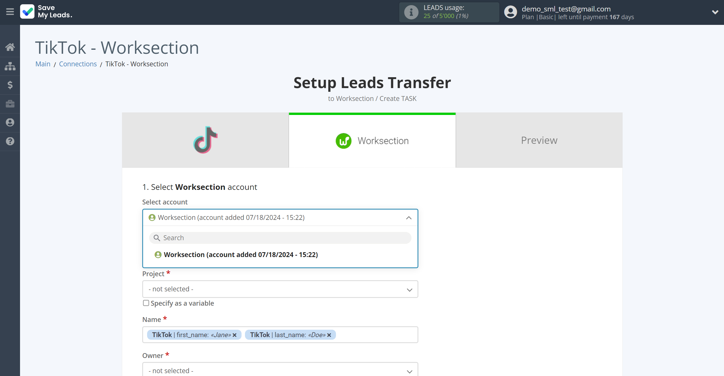 How to Connect TikTok with Worksection | Data Destination account selection