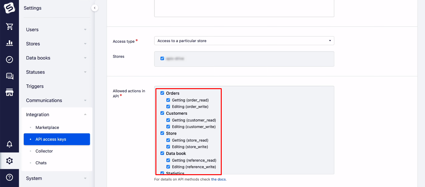 Facebook and Simla integration | Verify&nbsp;checkboxes in the "Allowed actions in API" field